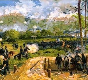 Kenesaw Mountain by Louis Prang depicts a Civil War battle with soldiers, cannon fire, horses, and smoke on a grassy battlefield encircled by trees and hills.