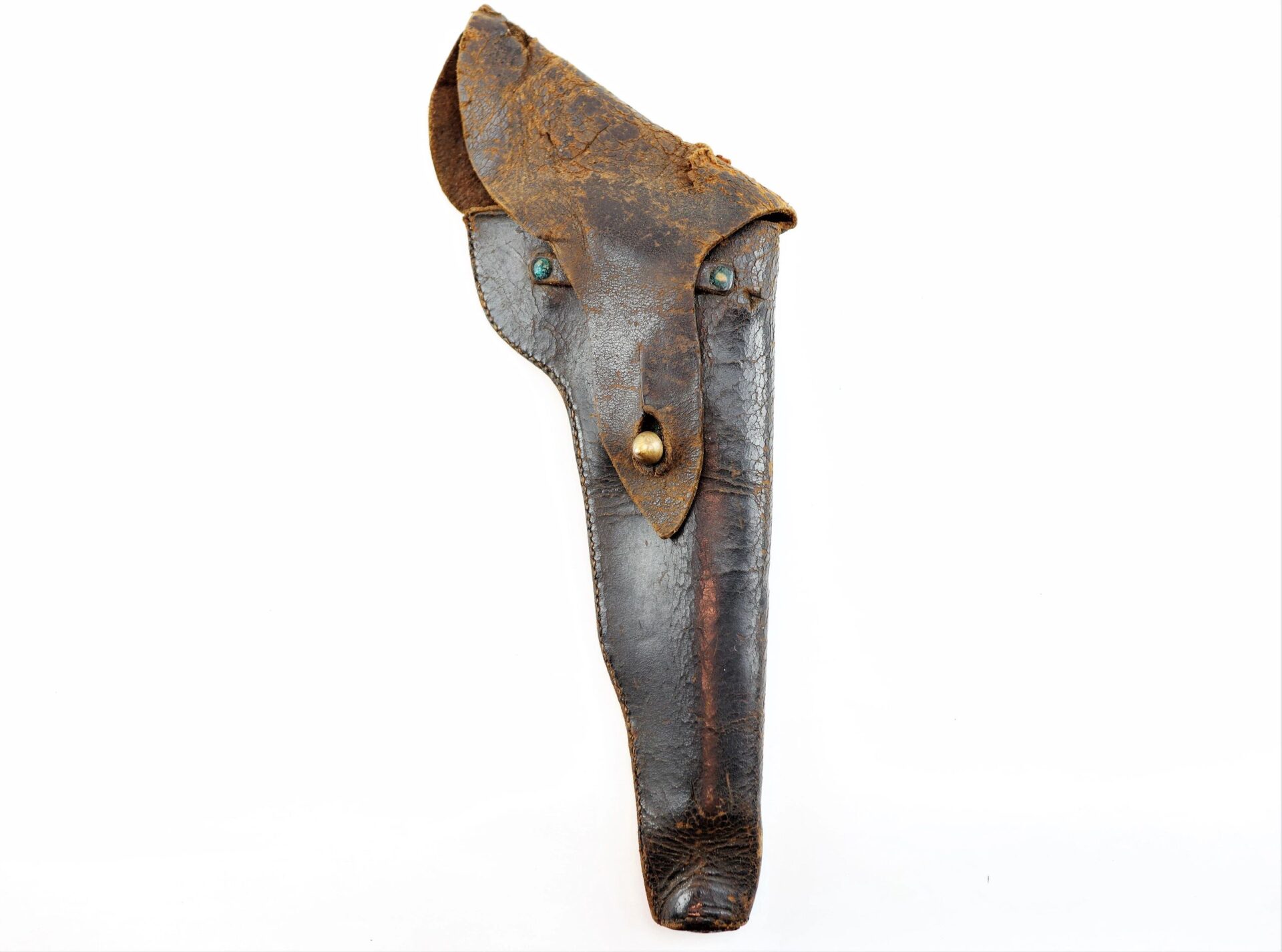 The Civil War Flap Holster, now sold, features vintage leather with a flap cover, visible stitching, and metal rivets, shown against a plain white background.