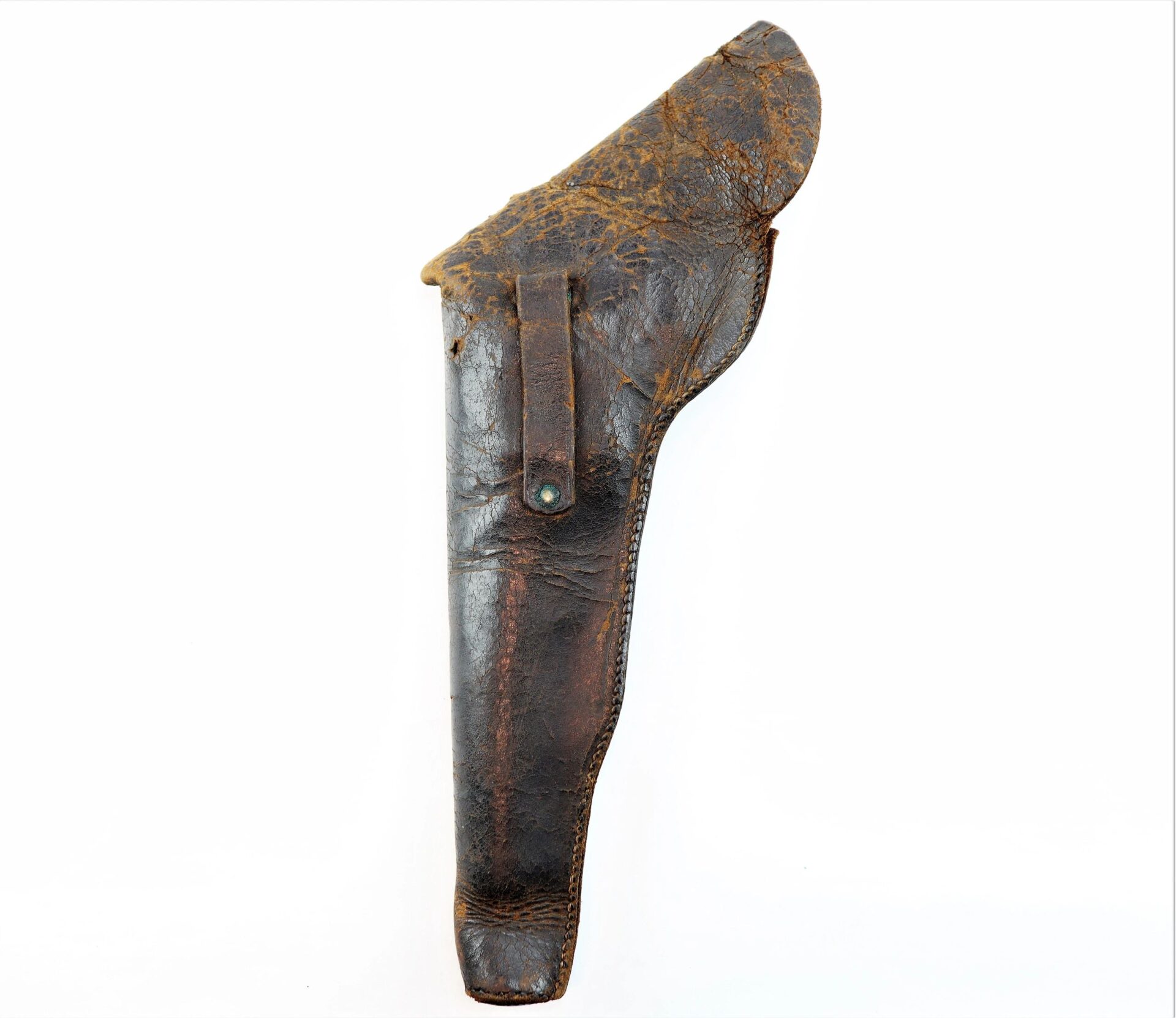 A Civil War Flap Holster (SOLD), made of worn leather with a flap cover, displayed against a white background.