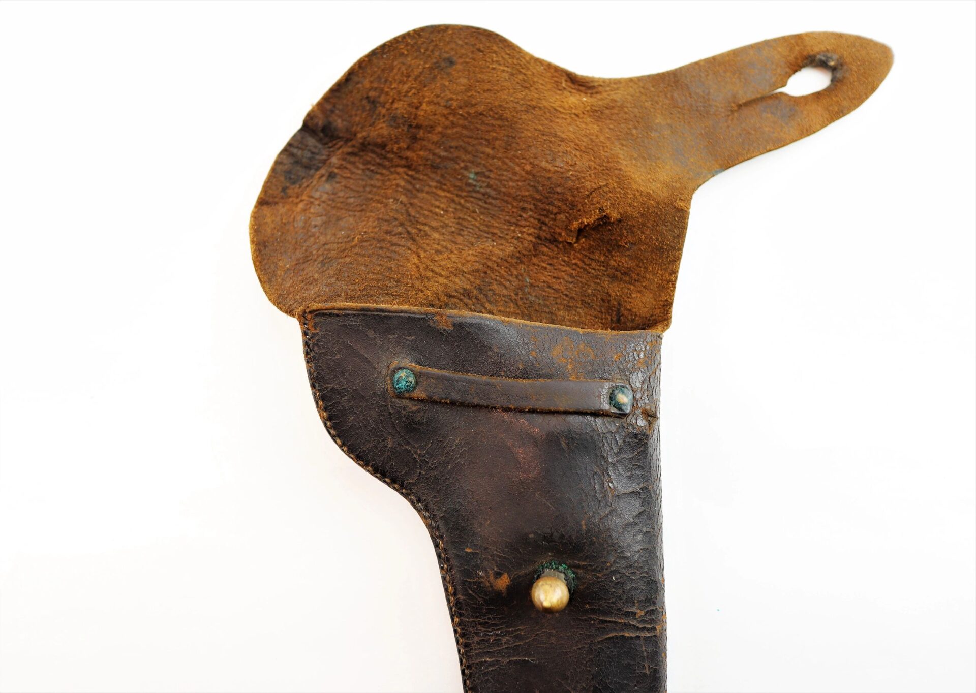 Civil War Flap Holster / SOLD - worn brown leather with flap and visible rivets, displayed against a white background.