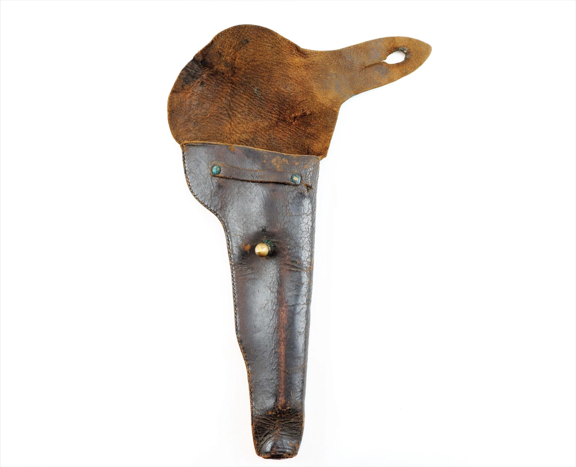 Civil War Flap Holster / SOLD—a brown leather holster with flap closure and brass button, exhibiting wear and signs of age.