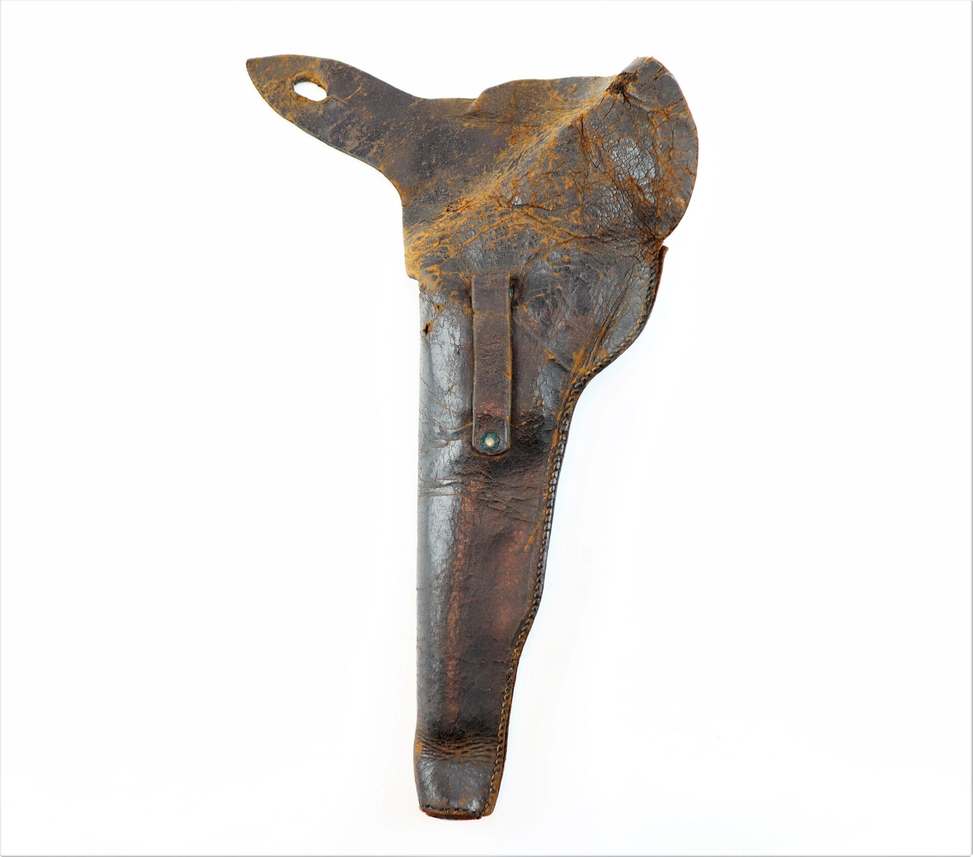 A Civil War flap holster in worn brown leather with visible creases and a flap closure, displayed against a white background.