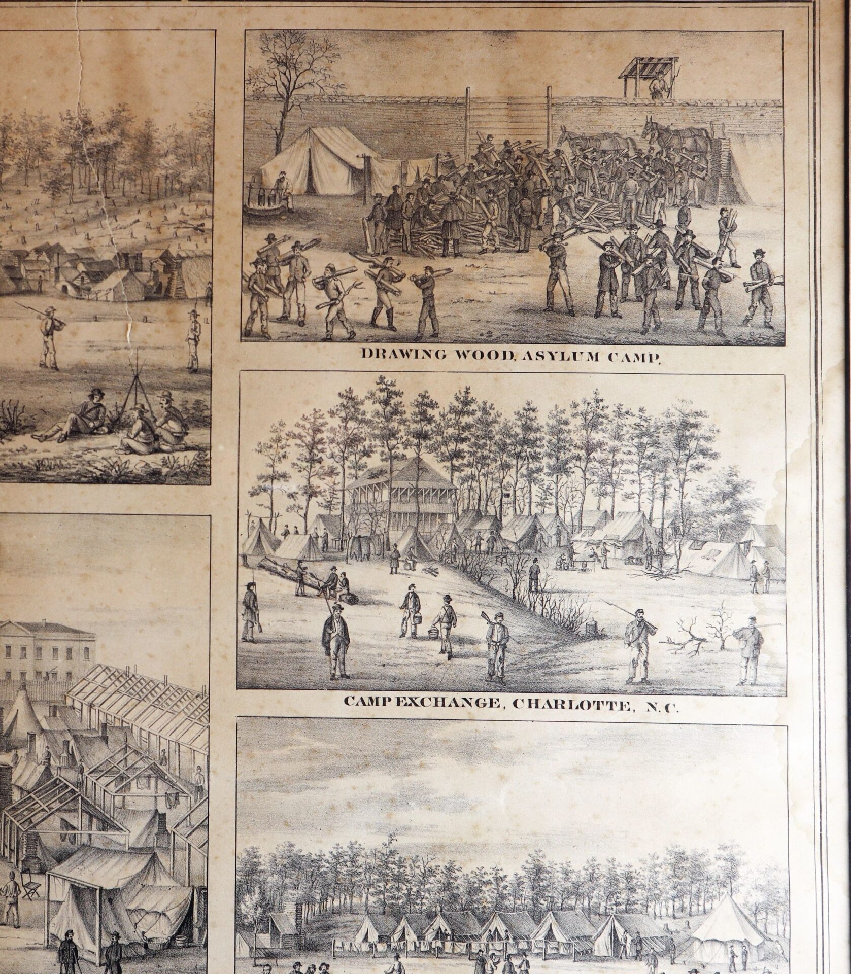 Historic sketches from "The Southern Prisons of the U.S. Officers" show Civil War-era scenes in Charlotte, N.C., featuring people gathering wood, tents, and daily life at asylums and exchanges.