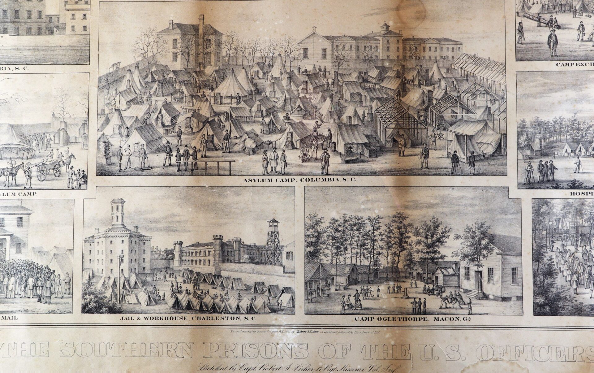 An illustration from "The Southern Prisons of the U.S. Officers" shows Civil War prison camps, tents, soldiers, and labeled buildings in various southern U.S. locations.