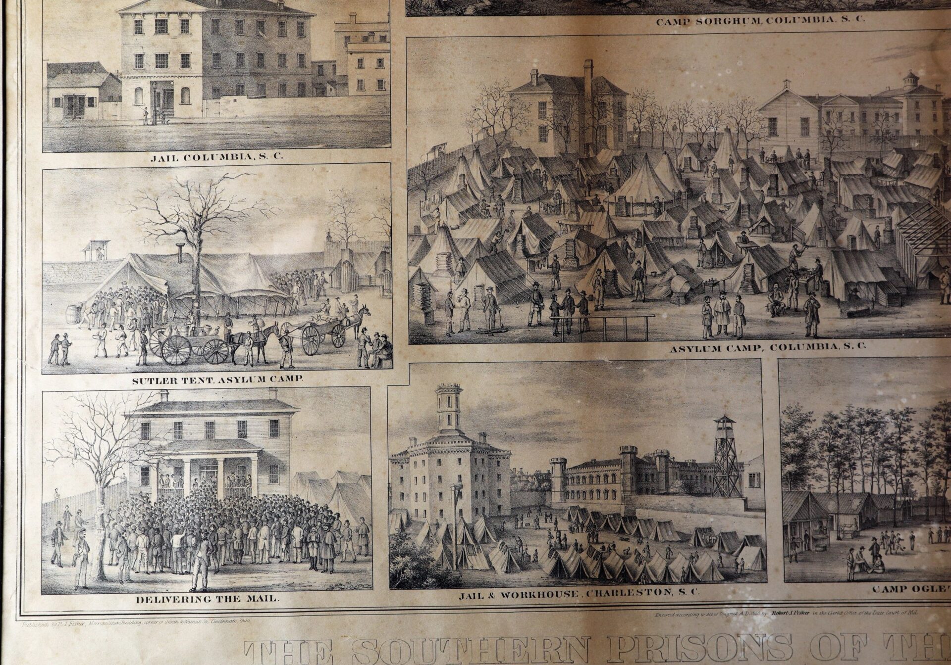 An illustration from "The Southern Prisons of the U.S. Officers" depicts scenes of Civil War-era Southern prisons, featuring jails, camps, and groups gathered in diverse settings.