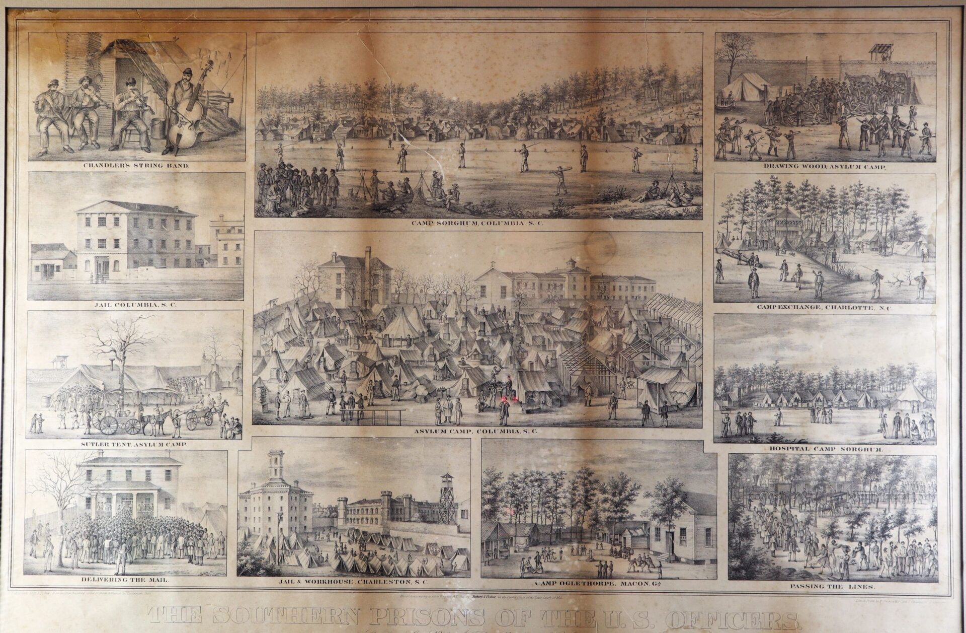 The Southern Prisons of the U.S. Officers features a vintage illustration depicting scenes of Civil War-era prison camps, jails, and hospitals for Union officers at various Southern sites.