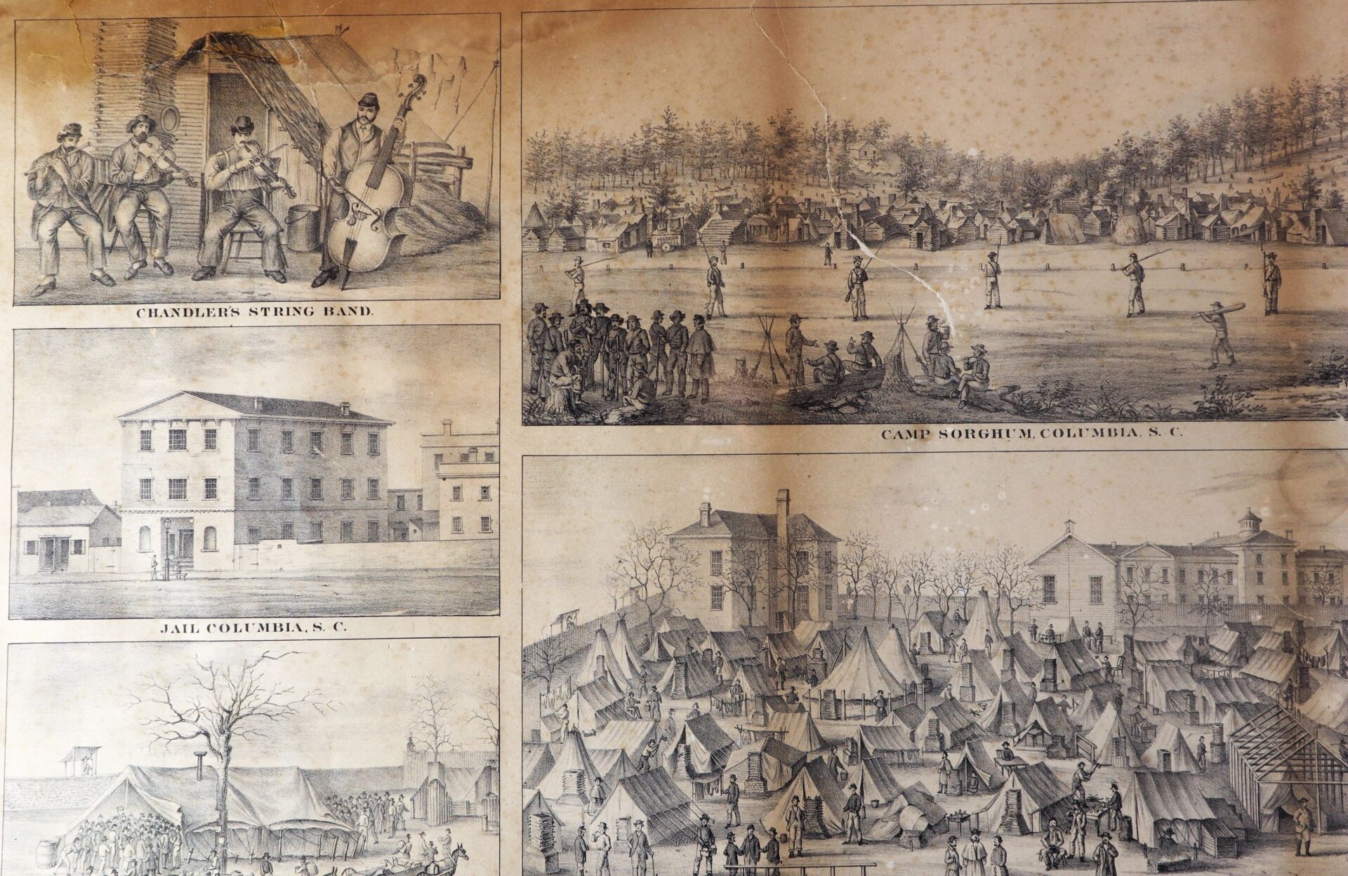 Four black-and-white sketches from "The Southern Prisons of the U.S. Officers" depict a string band, cricket game, jail building, and tent camp in 19th-century Columbia, South Carolina.
