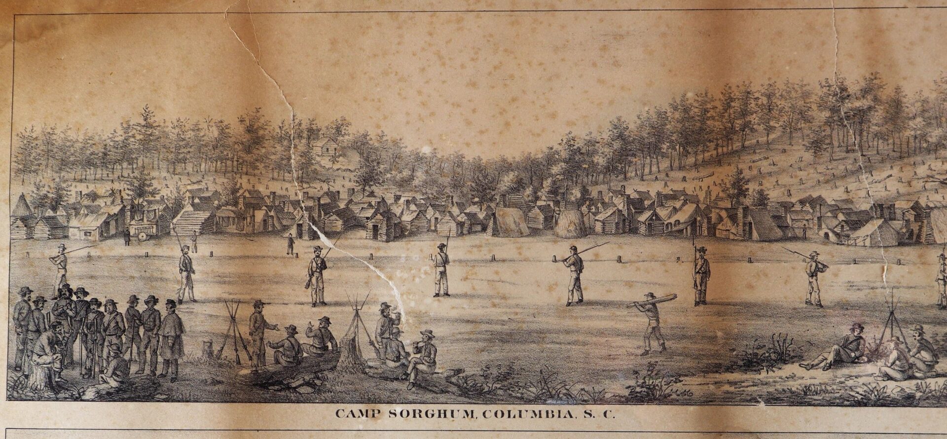 Black and white illustration from "The Southern Prisons of the U.S. Officers" depicts Civil War-era Camp Sorghum in Columbia, SC, with rows of tents, scattered trees, and groups gathered in an open field.