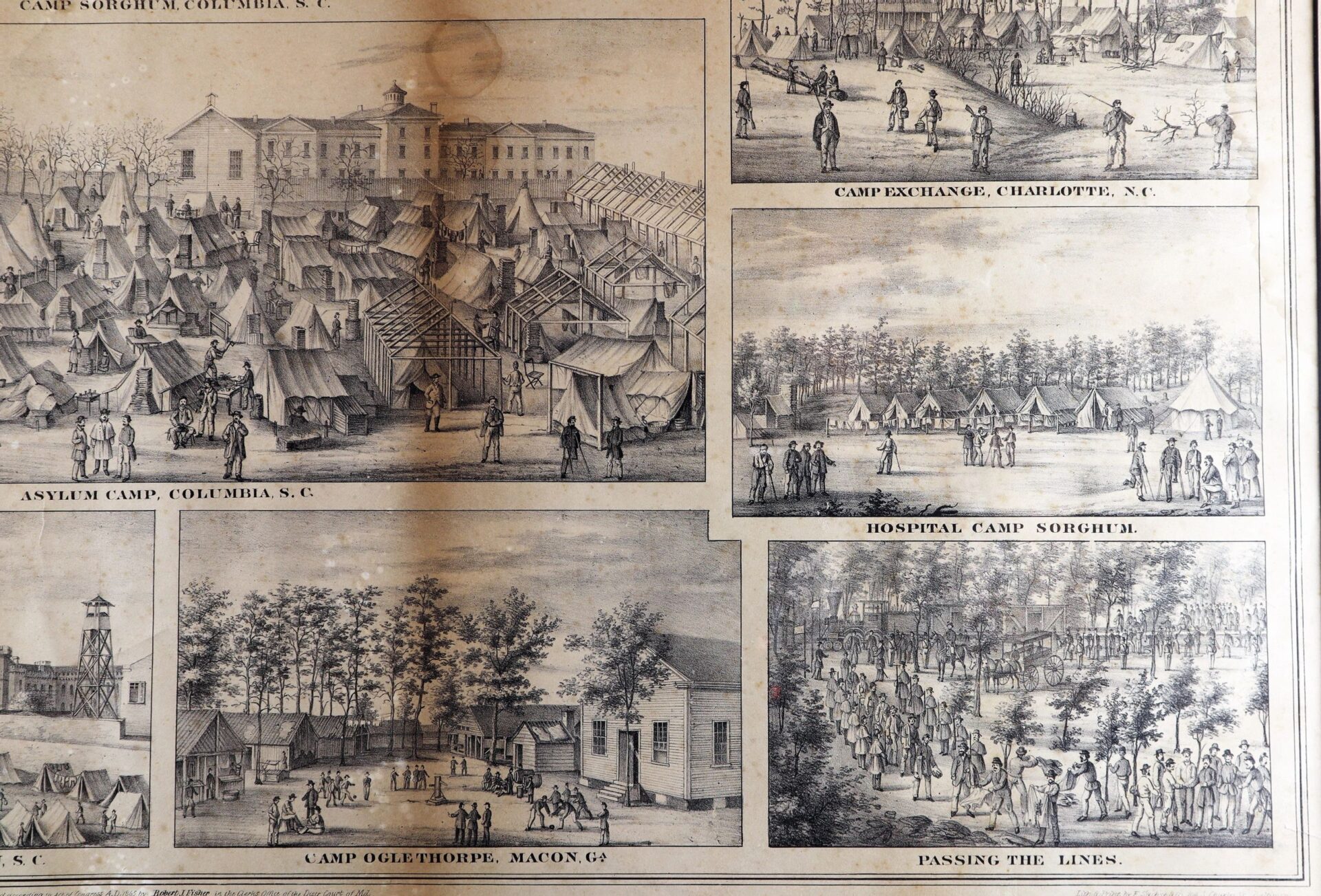 Historic black-and-white sketches in "The Southern Prisons of the U.S. Officers" show Civil War camps with tents, buildings, and groups of people across various southern U.S. settings.