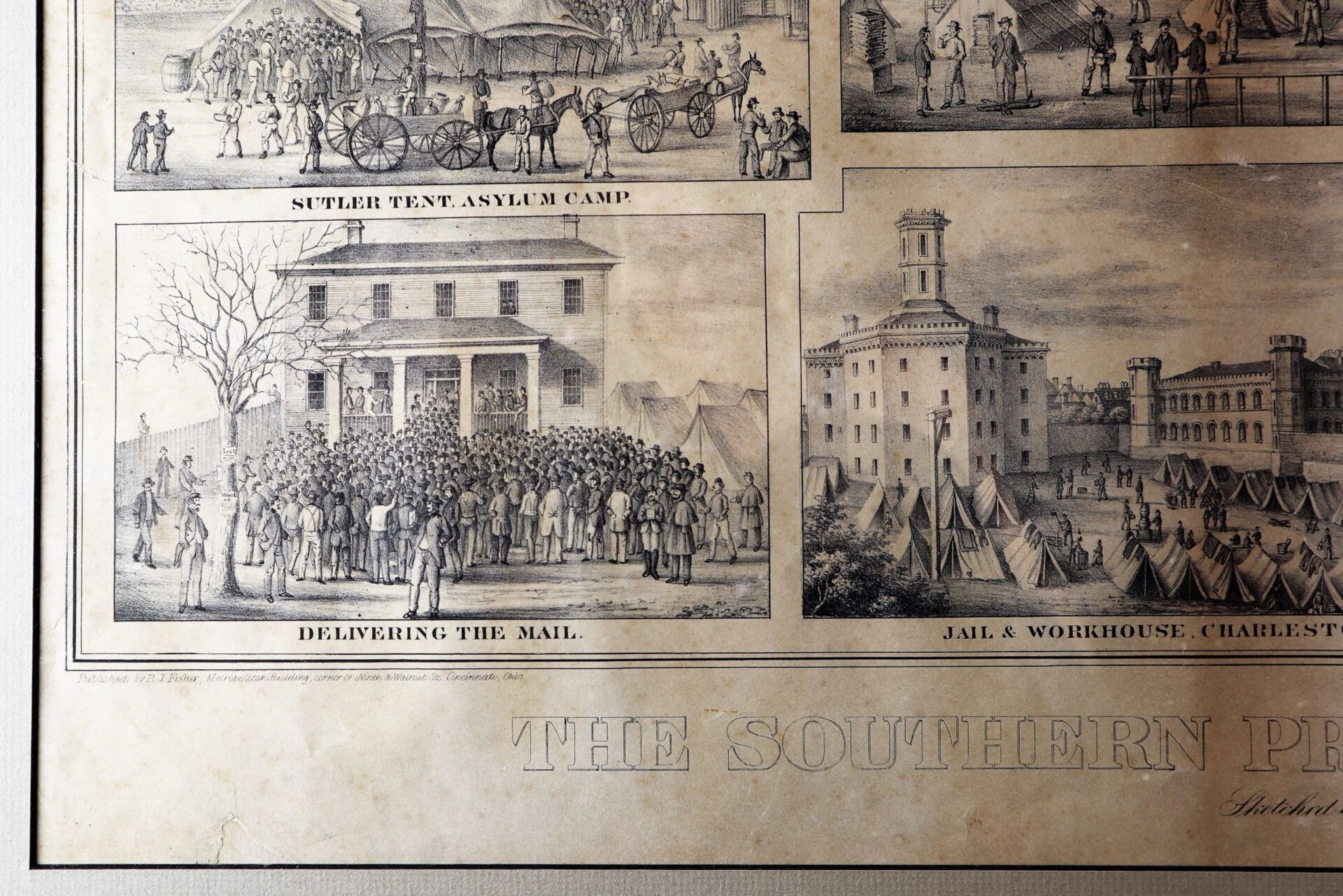 A black-and-white illustration from *The Southern Prisons of the U.S. Officers* shows a crowd outside a building marked "Delivering the Mail," alongside scenes of an asylum camp and a jail with tents.