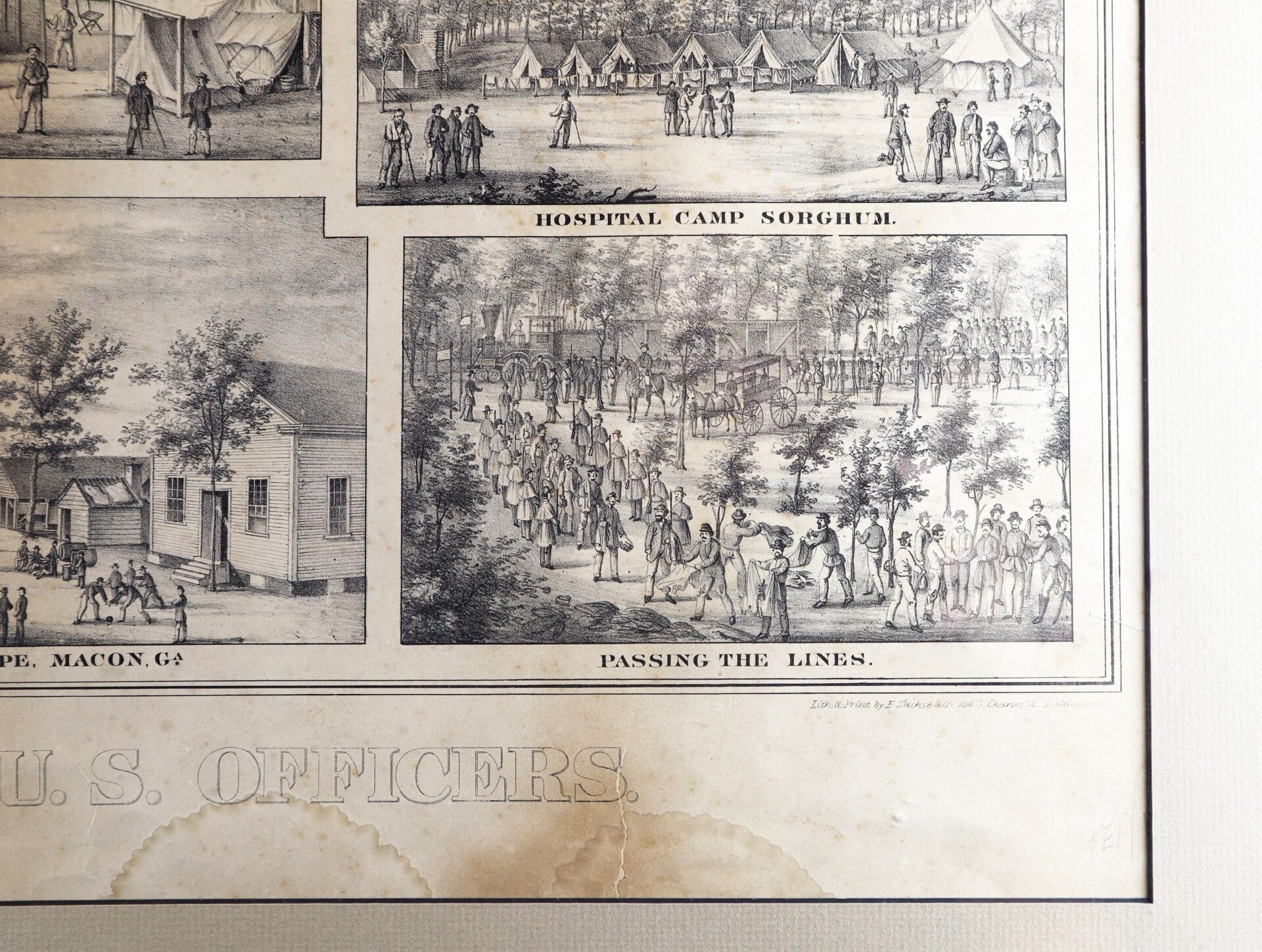 Historic black-and-white illustration from "The Southern Prisons of the U.S. Officers" depicts groups passing a checkpoint labeled "PASSING THE LINES," near tents and camp buildings.