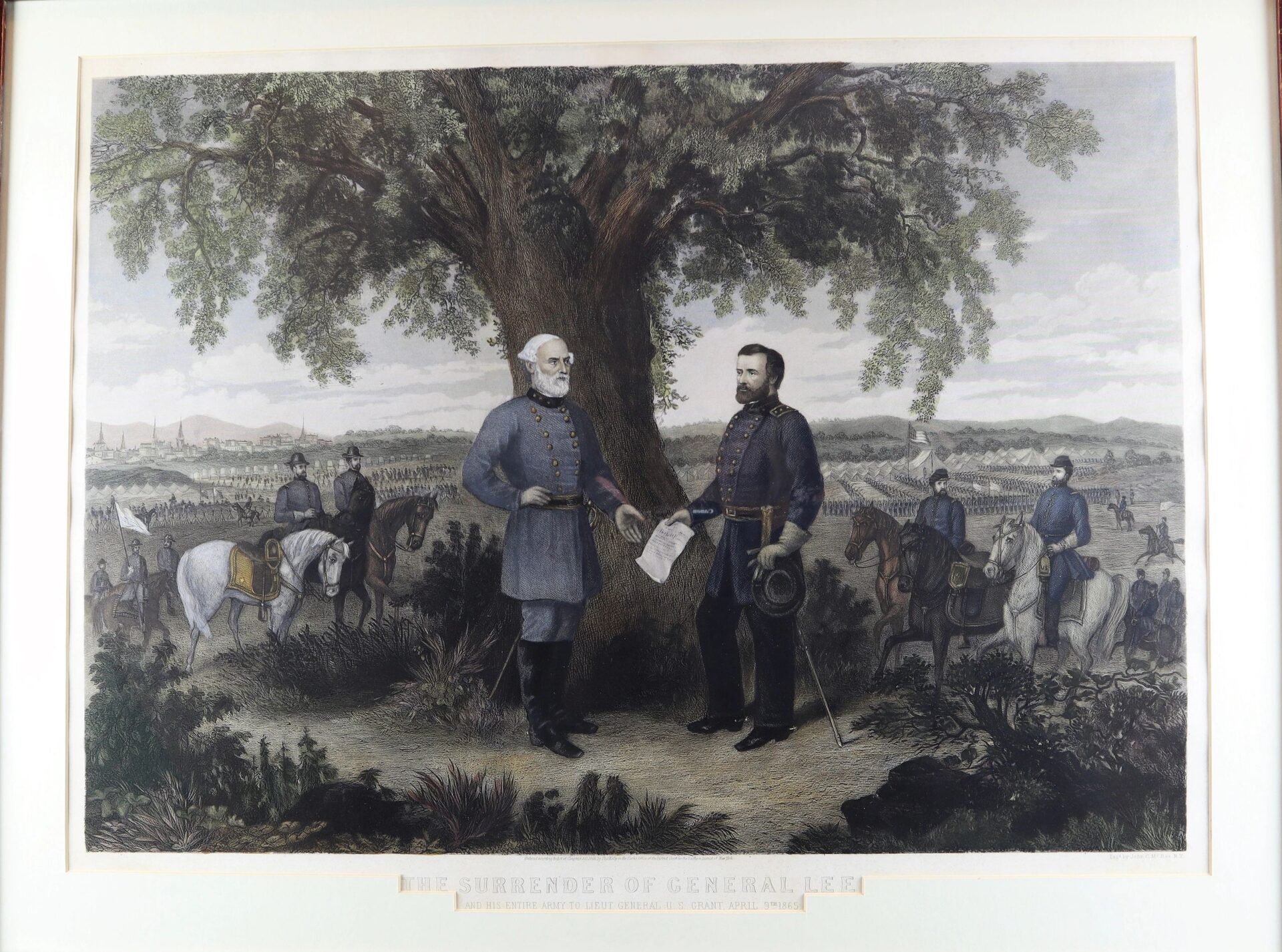 Two military officers exchange papers under a large tree, surrounded by soldiers and horses, illustrating the historical event depicted in "The Surrender of General Lee.