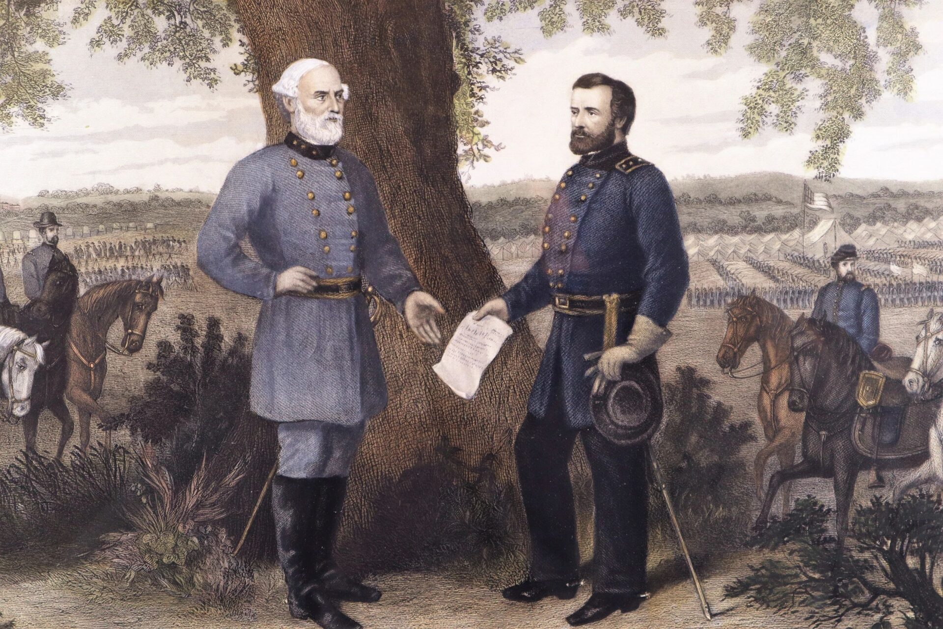Two military officers in uniform stand facing each other under a tree, one handing a document to the other, with soldiers and horses in the background—depicting "The Surrender of General Lee.