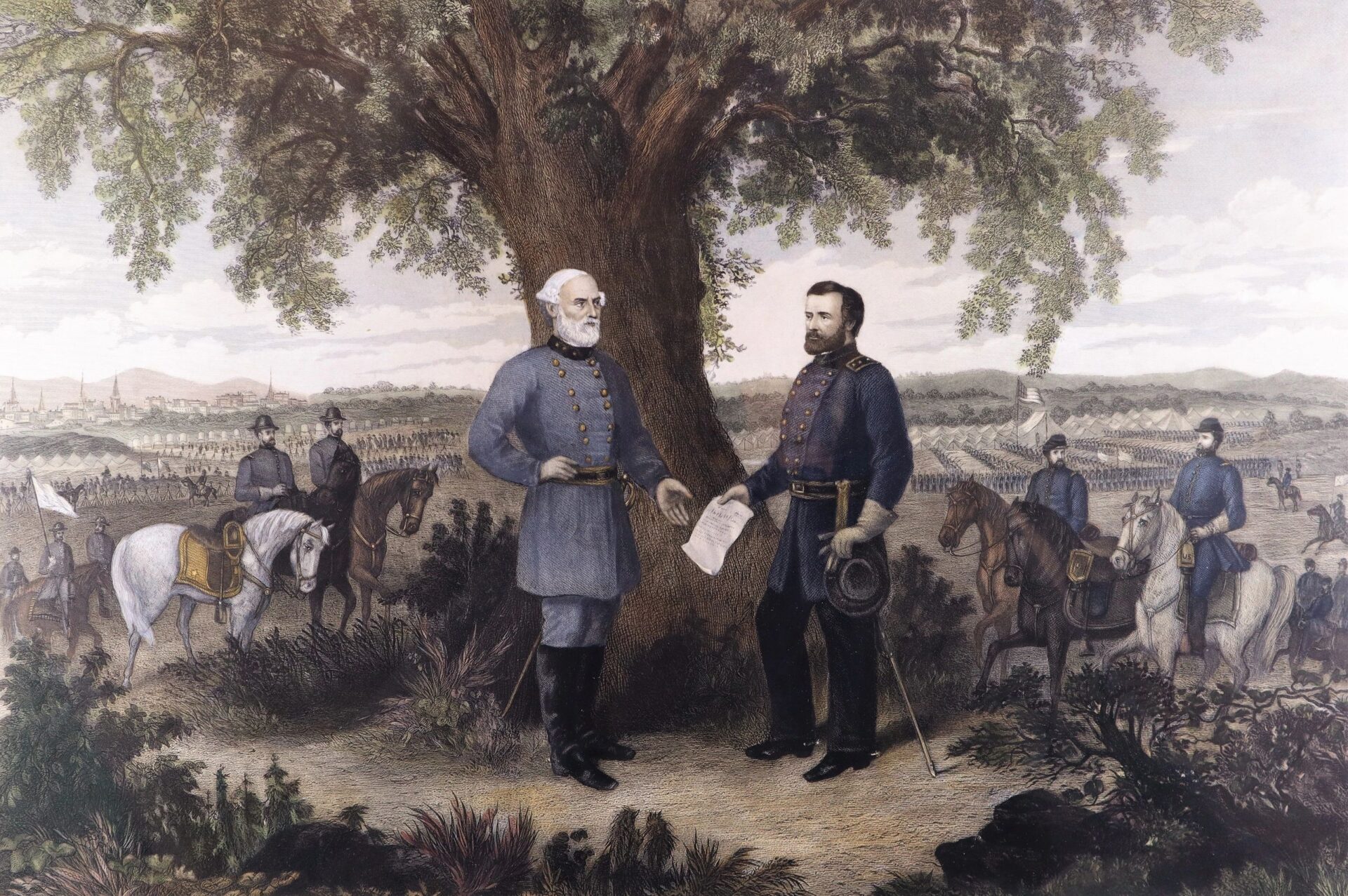In “The Surrender of General Lee,” two military leaders in uniform stand beneath a large tree, facing each other, as soldiers and horses assemble in the background. One of the leaders holds a document.