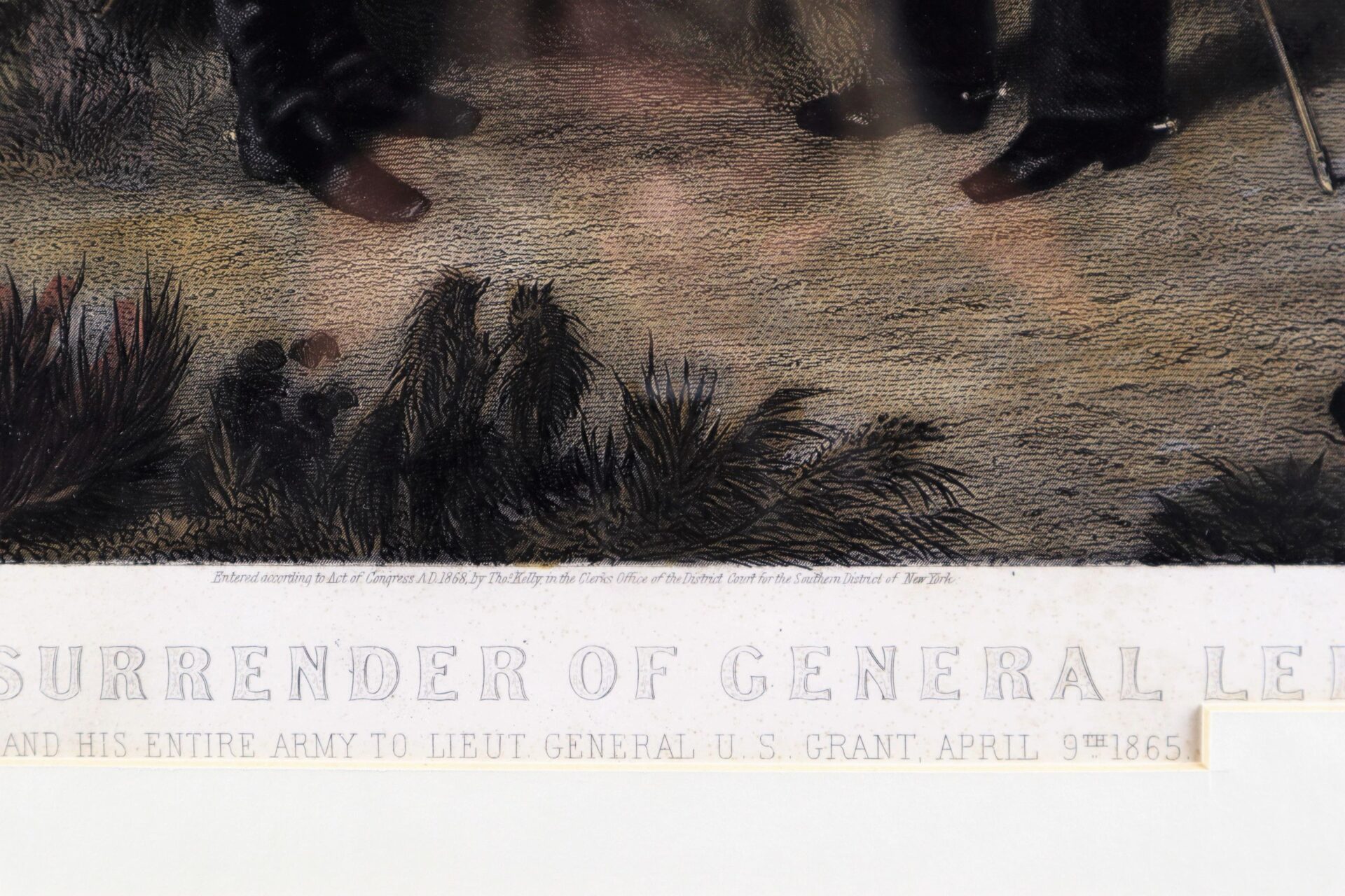 Close-up of "The Surrender of General Lee" showing several figures' feet, grass, and partially visible text: "SURRENDER OF GENERAL LEE... APRIL 9TH 1865.