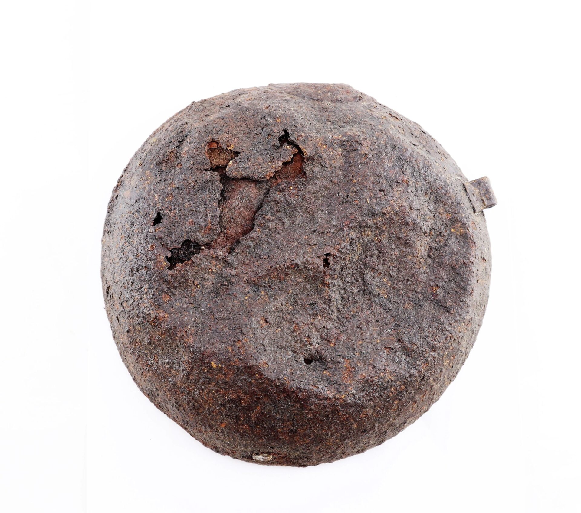 A corroded, dome-shaped Battlefield Relic Canteen with side tab and visible cracks, photographed against a white background.