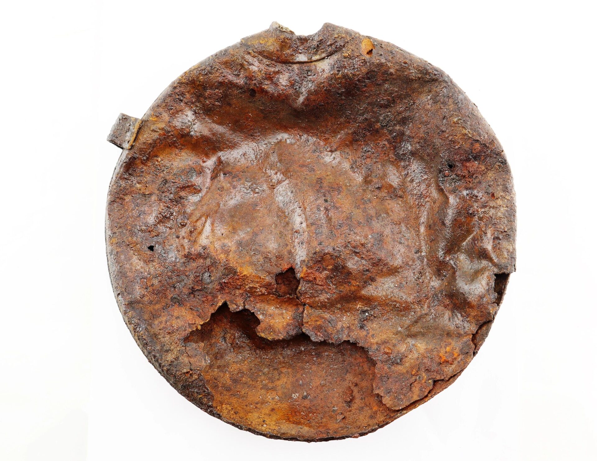 A heavily rusted and dented Battlefield Relic Canteen with a jagged hole, isolated on a white background.