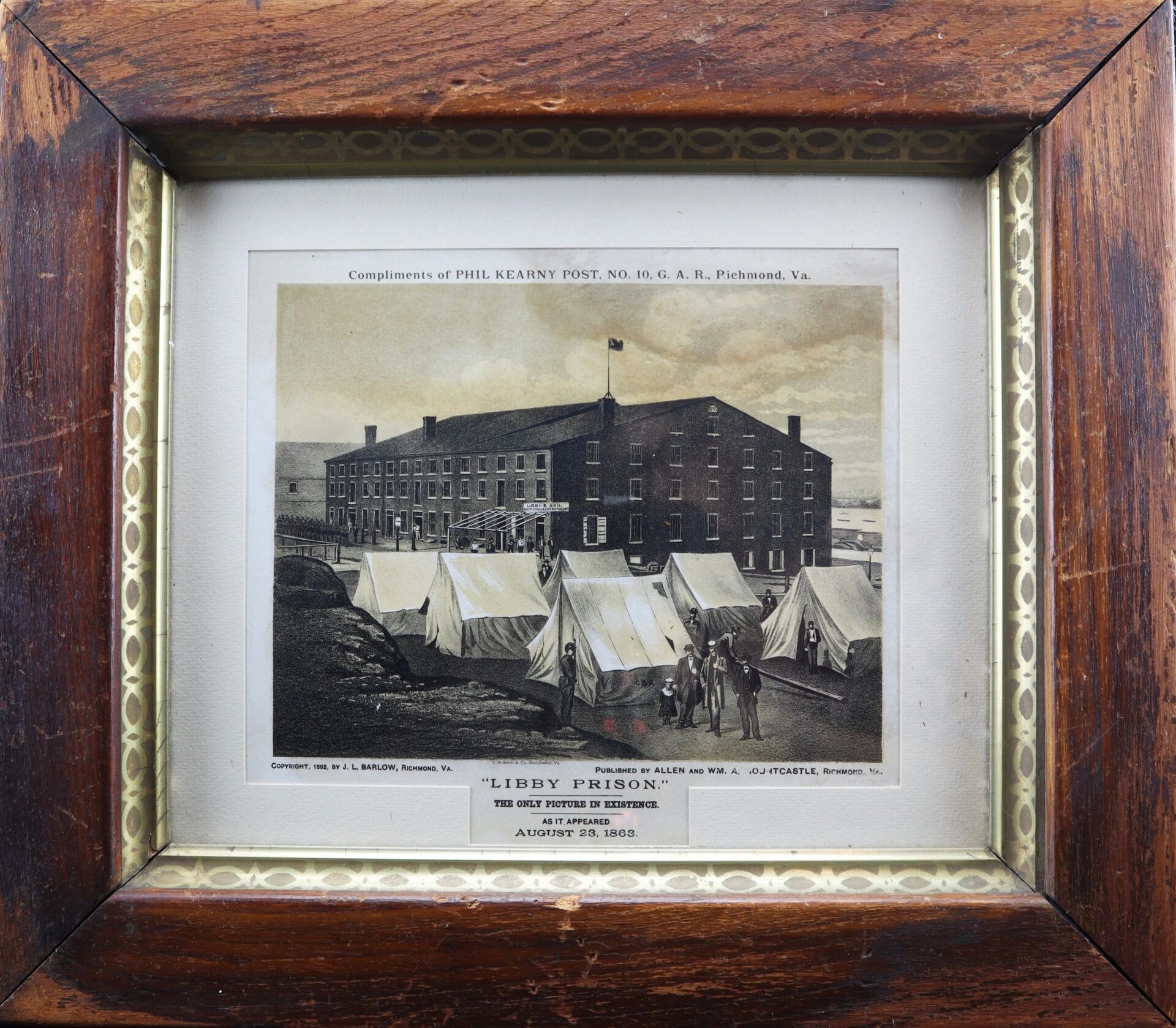 Framed historic print titled "Libby Prison / Sold" depicting the large brick Libby Prison with tents in front, noted as "The Only Picture Extant," dated August 23, 1863.