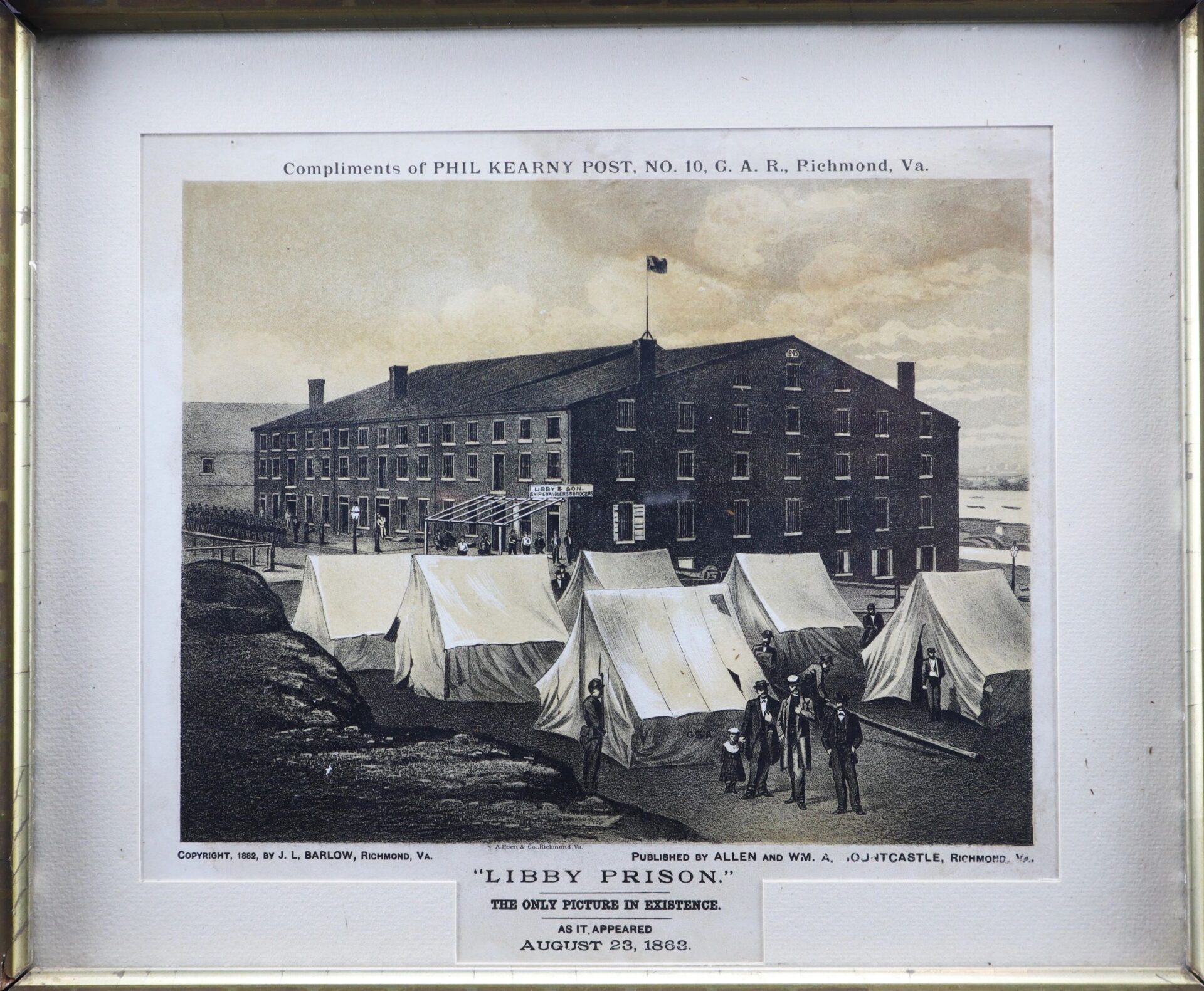 Historic illustration of Libby Prison / Sold in Richmond, Virginia, shows tents and groups of men in front; labeled as exhibit dated August 23, 1888.