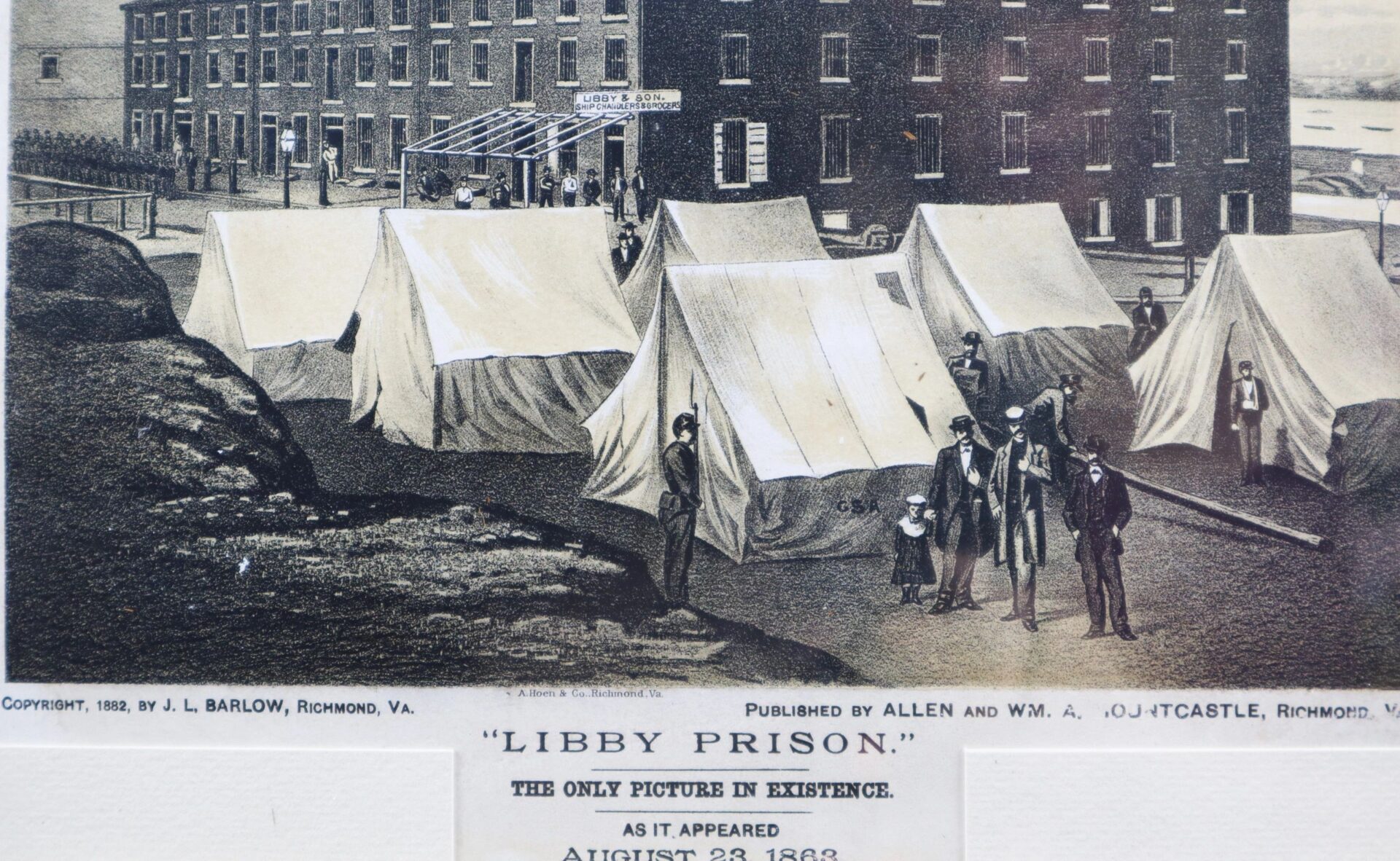 Libby Prison / Sold: Historical illustration dated August 23, 1863, showing tents and a crowd of soldiers and civilians in front of the large brick building labeled "Libby Prison.