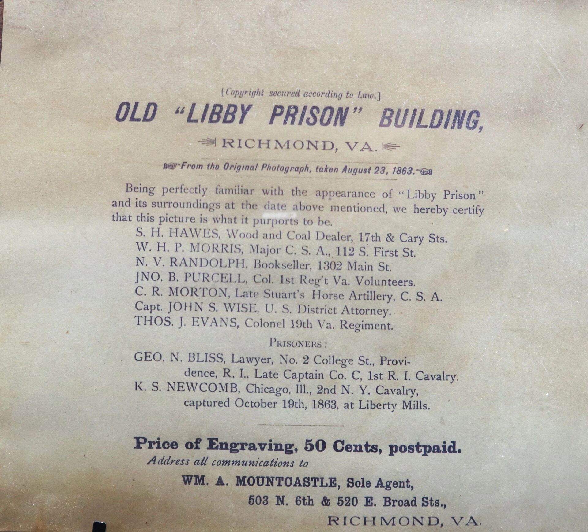 A historical document advertises the engraving "Libby Prison / Sold," depicting the Old Libby Prison Building in Richmond, Virginia, with a list of Union officers and prisoners connected to the site.