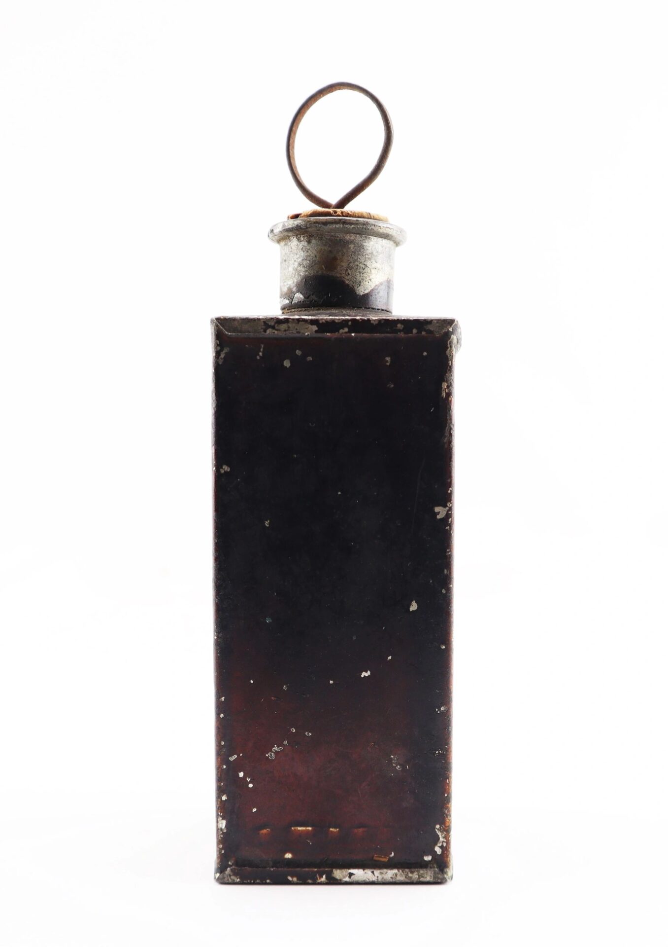 A rectangular Civil War Medical Tin with a vintage, darkened metal finish and a round wire handle on the lid, shown against a white background.