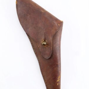 A Civil War Holster made of brown, worn leather with a flap and metal snap button, shown on a white background.