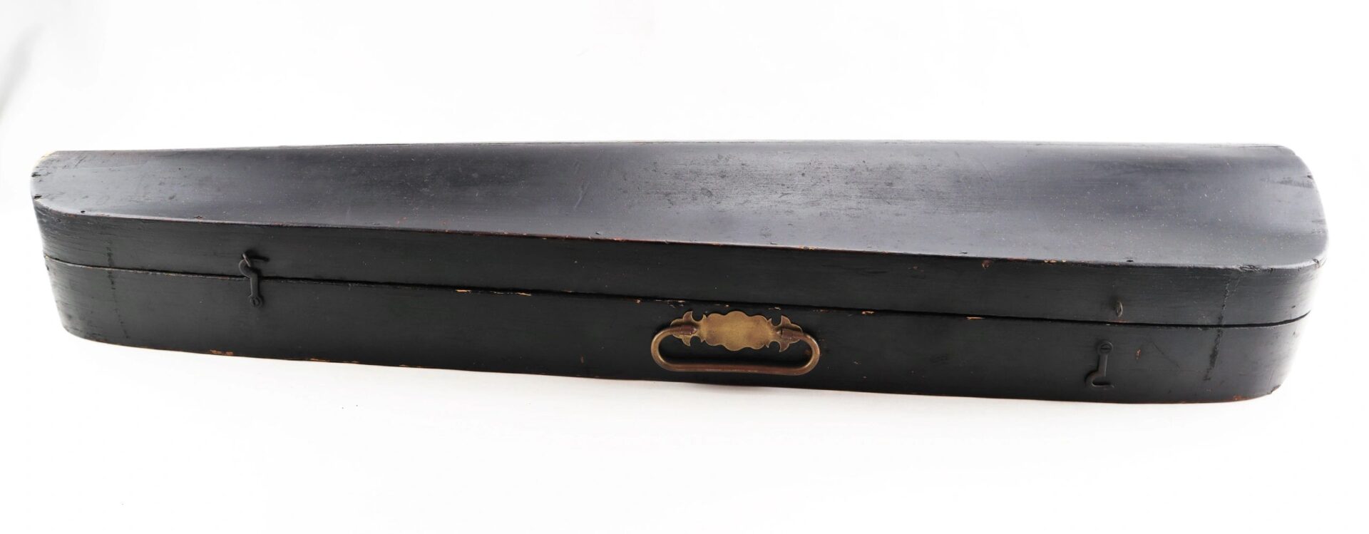 A black wooden violin case with a handle and metal clasps, displayed against a white background. Product: Violin / Sold.