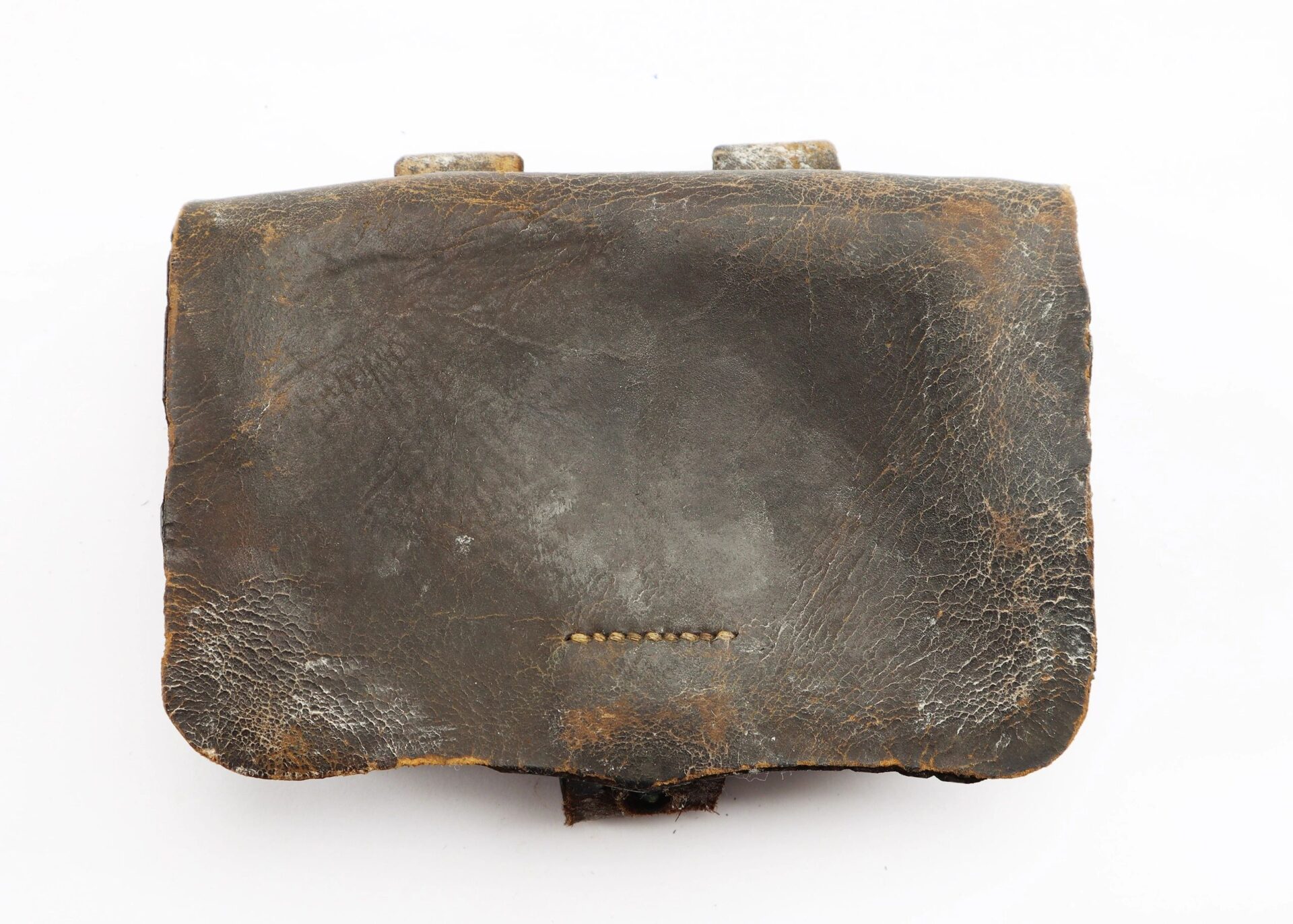 A sold Civil War Pistol Cartridge Box made of worn brown leather with creases, scuffs, and stitched detailing, shown on a plain white background.