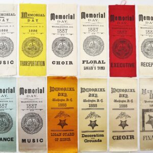 Fifteen Grand Army of the Republic Memorial Ribbons from the 1880s, each marked with roles like music, choir, transportation, executive, finance, and other commemorative activities.