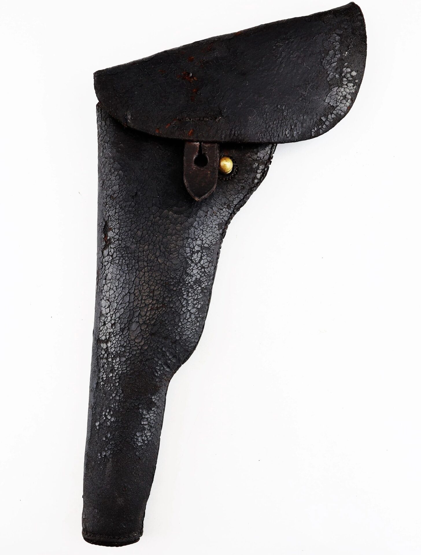 Worn black leather Colt Dragoon Holster with a flap cover and metal fastener, shown against a plain white background. Marked as SOLD.