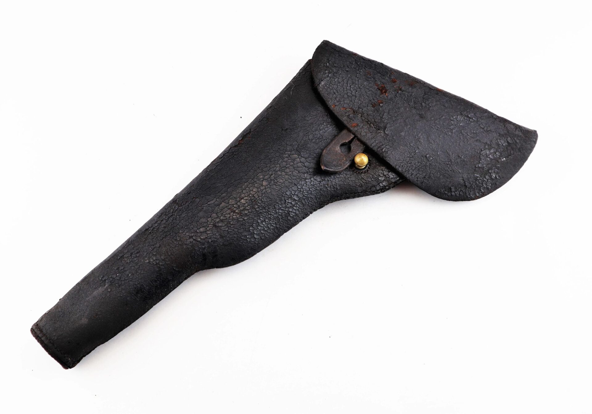 A Colt Dragoon Holster in black leather with a flap cover and brass button, displayed on a white background.