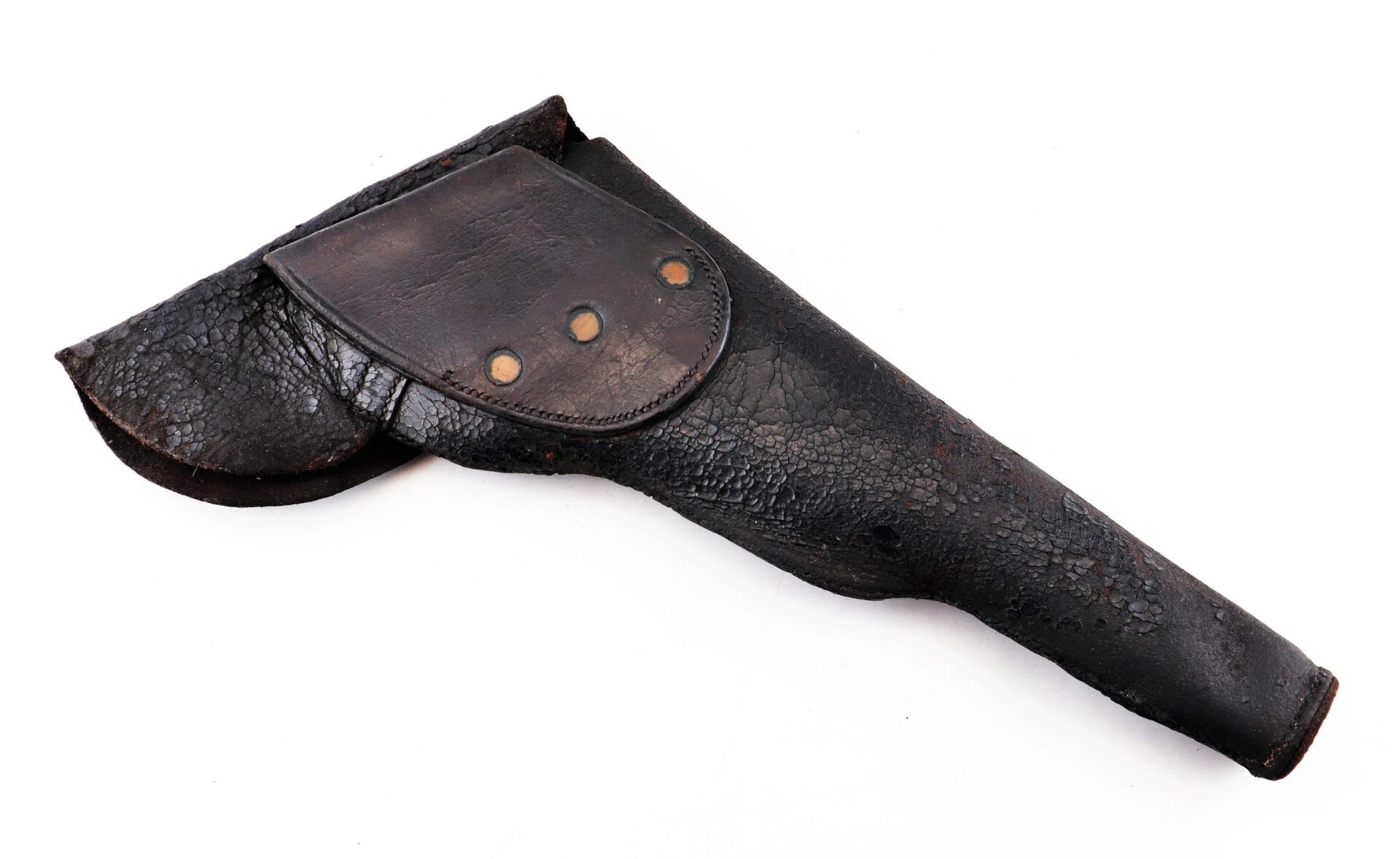 A Colt Dragoon Holster in worn black leather with a flap cover fastened by three metal rivets, displayed on a plain white background.