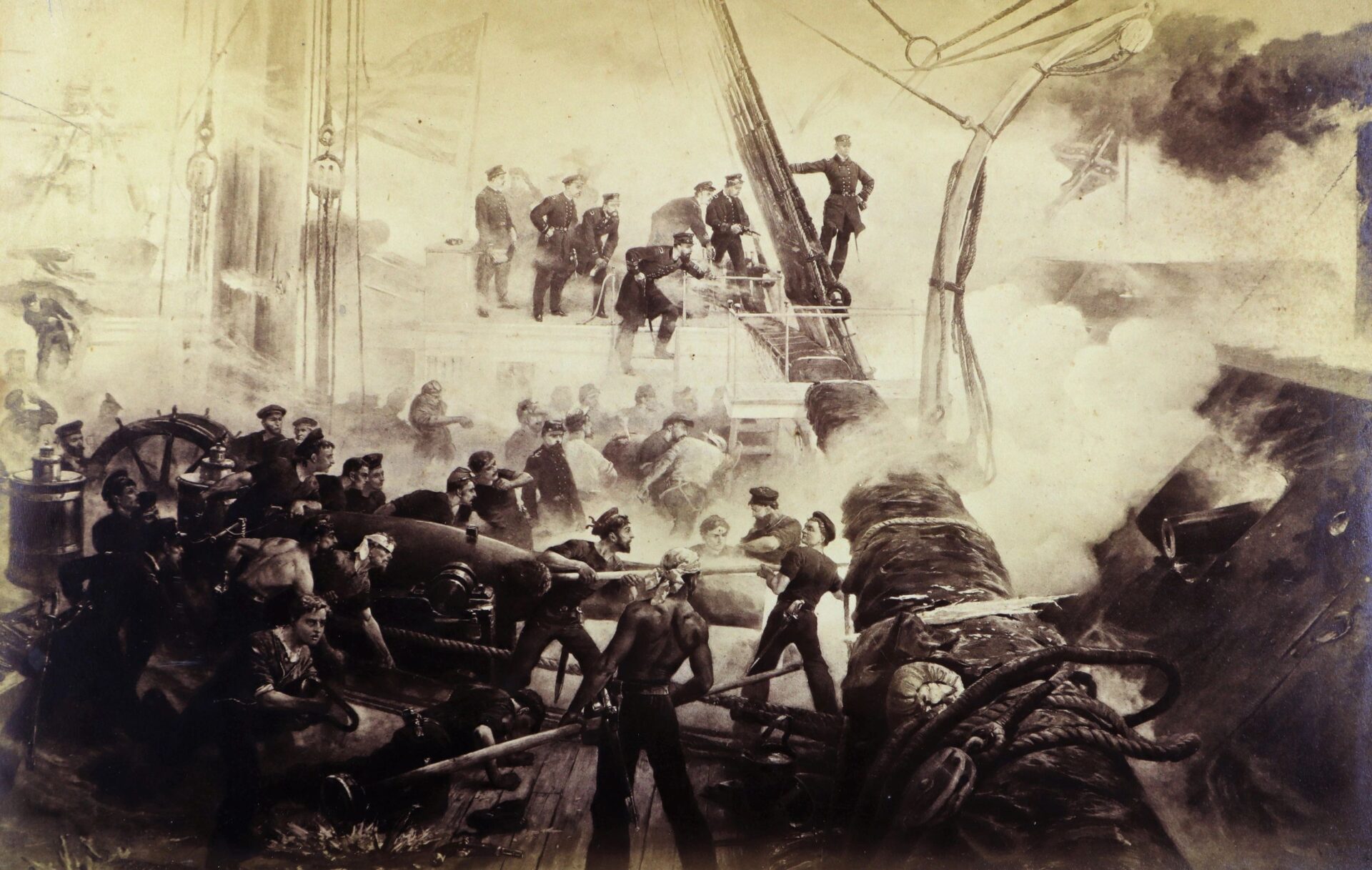 During the Battle of Mobile Bay, sailors and officers operate cannons and work on the deck of a warship amid smoke and chaos.