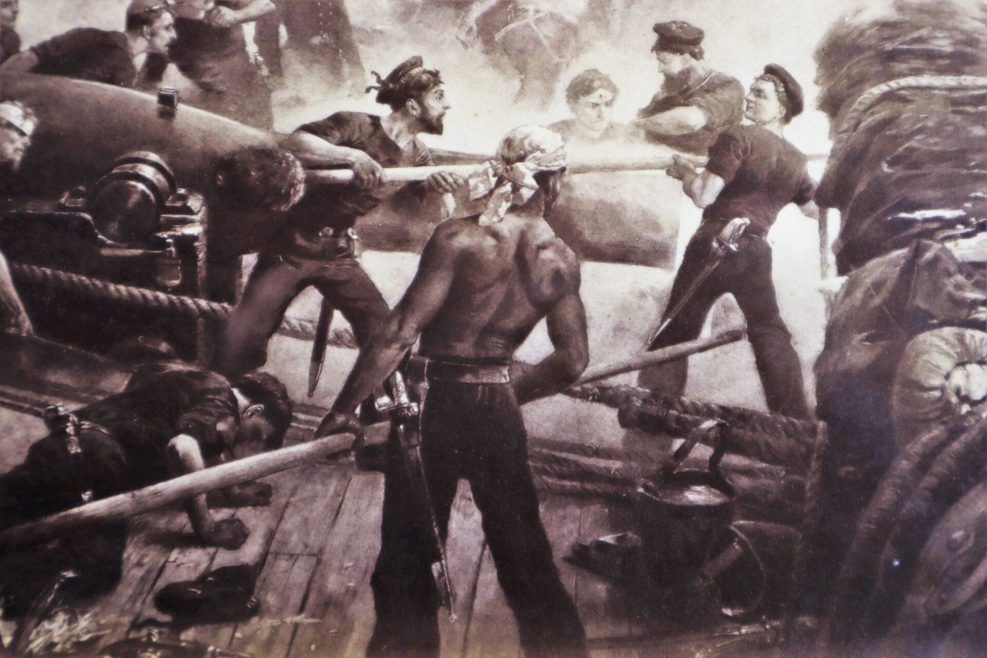 Sailors on a wooden ship operate cannons and oars amid chaos in the Battle of Mobile Bay, smoke swirling around their intense expressions during the naval conflict.
