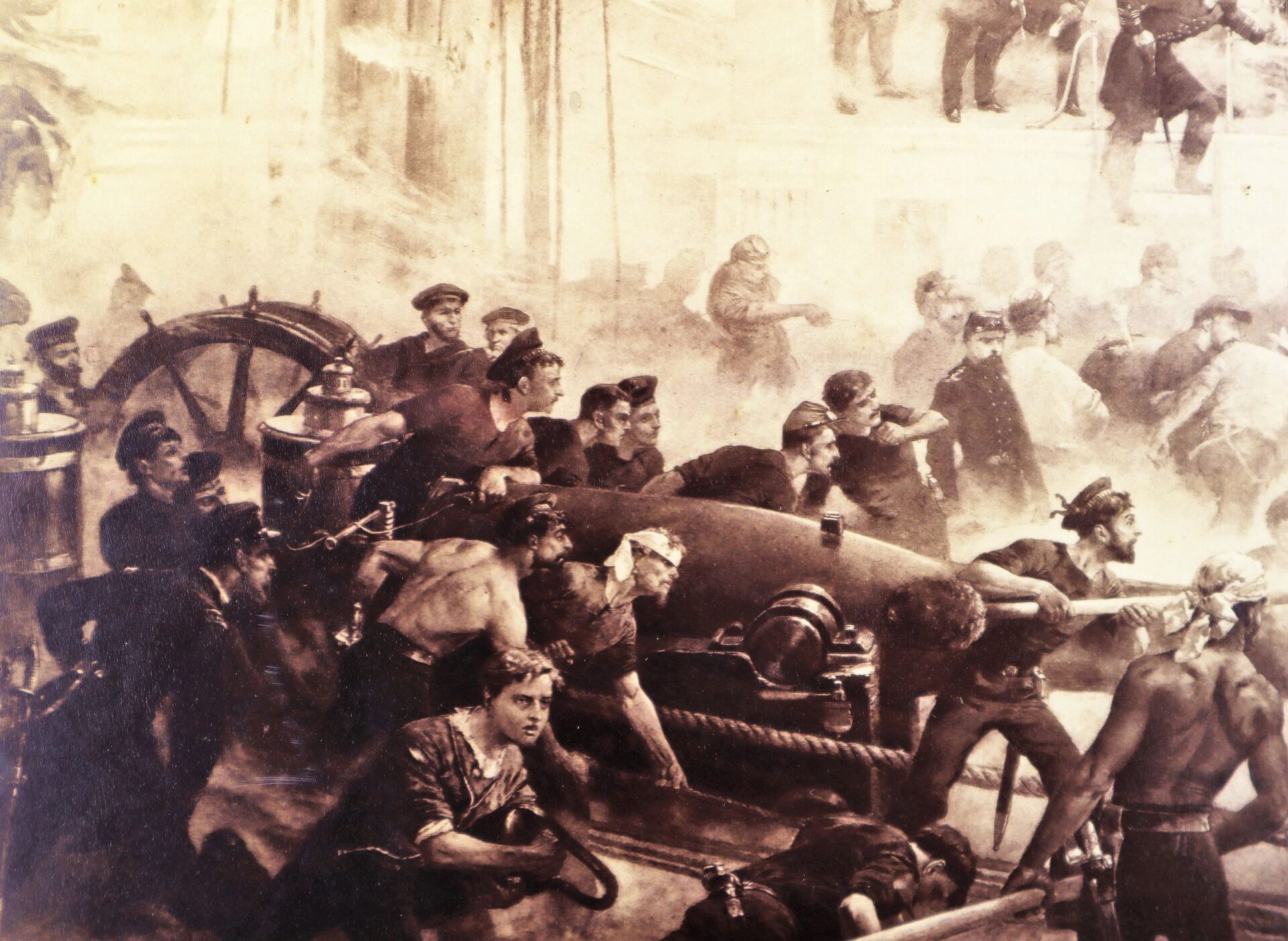 Battle of Mobile Bay" painting depicts sailors and soldiers uniting to load and fire a cannon amid the smoke and chaos of a naval battle.