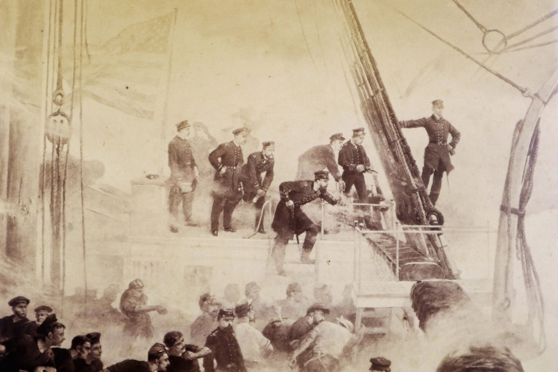 Sepia-toned illustration titled "Battle of Mobile Bay," showing naval officers and crew on a ship’s deck during battle, with an American flag in the background.