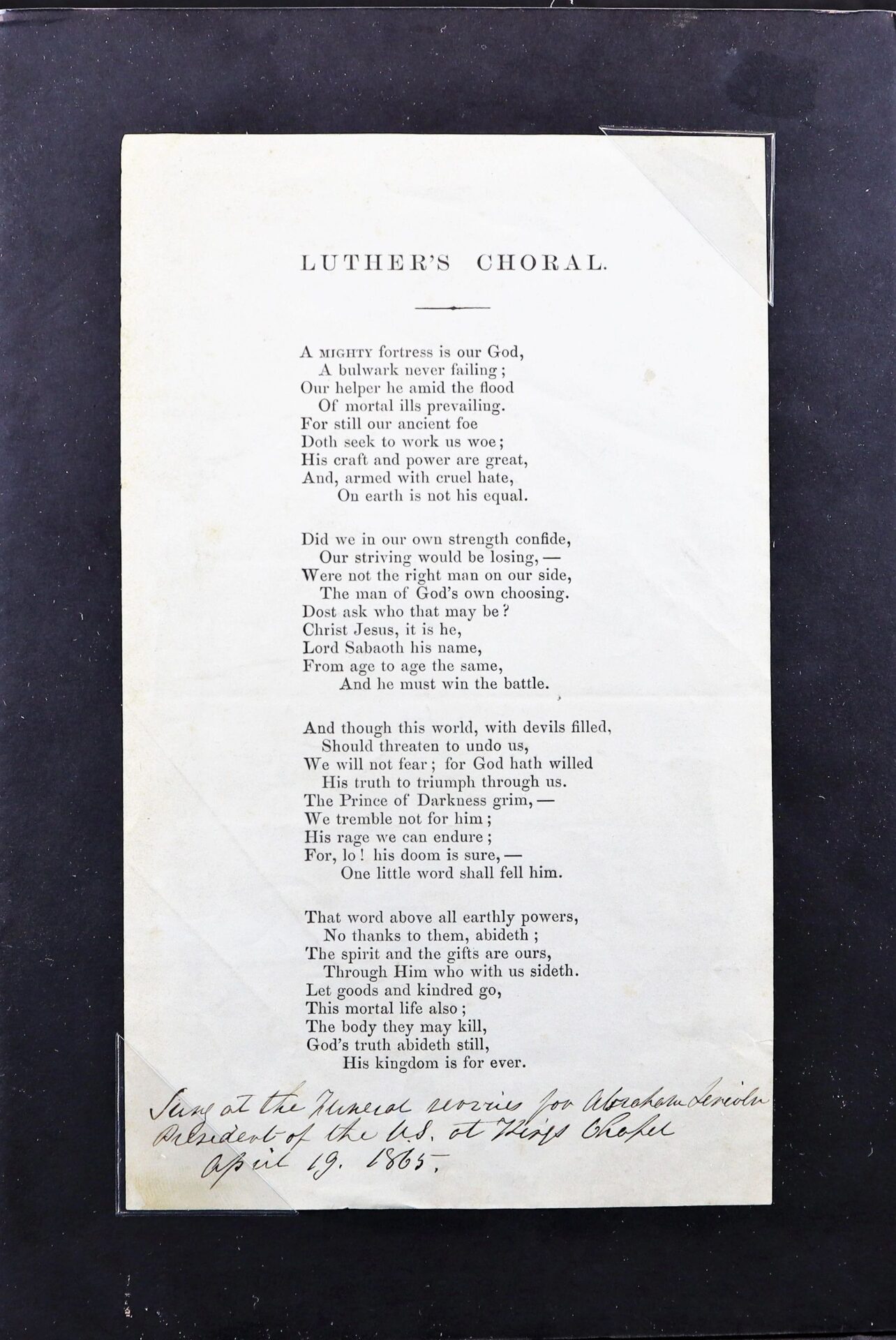 A typed poem titled "Luther's Choral" appears on aged paper with a handwritten note referencing Lincoln's funeral, April 19, 1865. Product: Relic from Lincoln’s Funeral / SOLD.