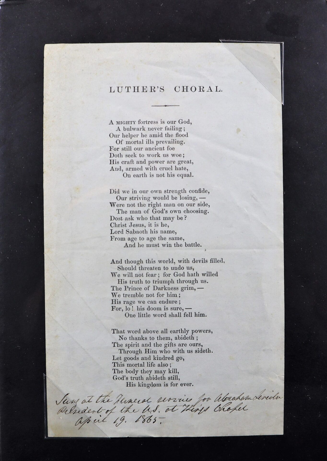 A printed page titled "Luther's Choral," part of "Relic from Lincoln's Funeral / SOLD," features a poem on faith and handwritten notes mentioning Abraham Lincoln and April 19, 1865.