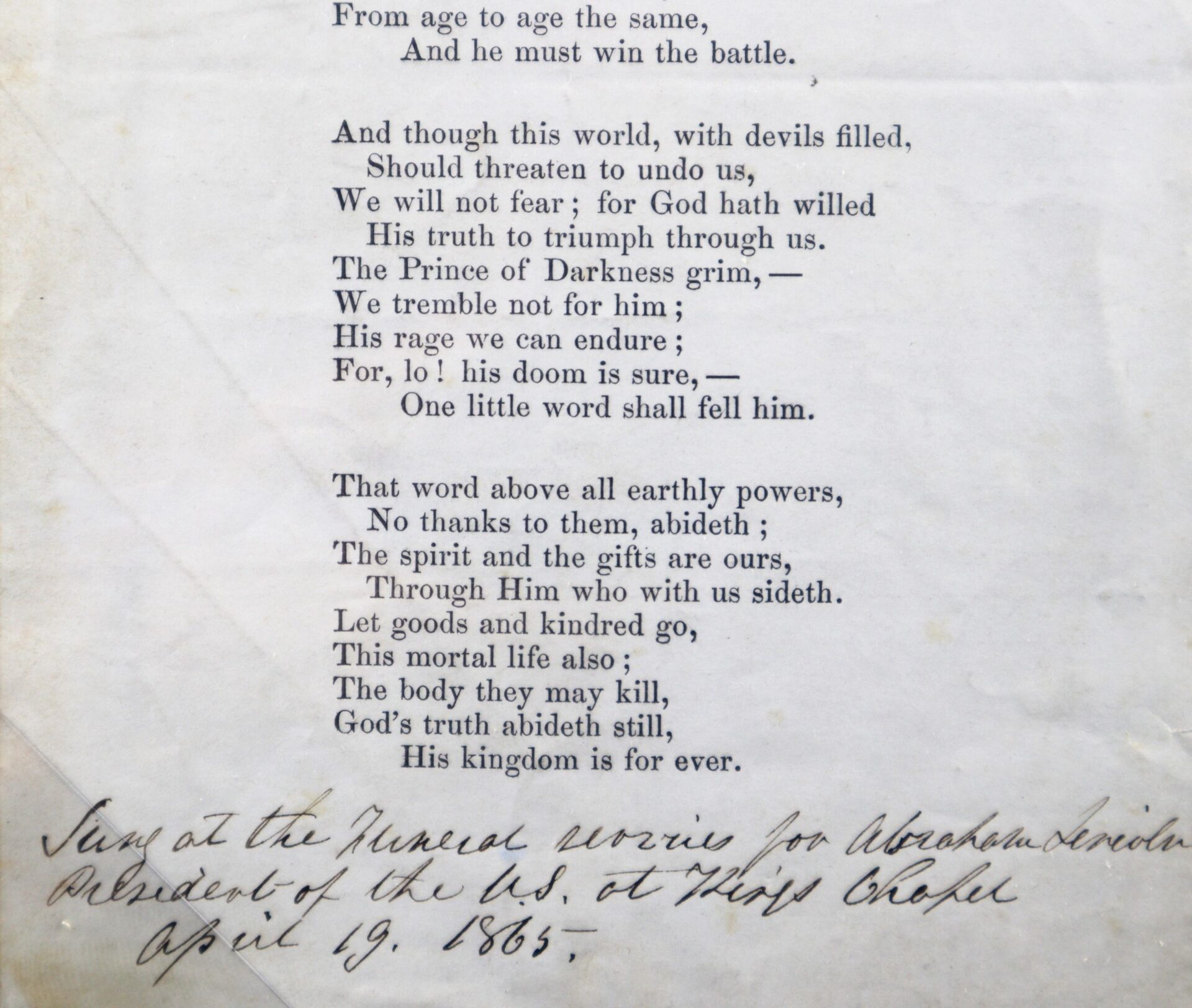 A typed poem with handwritten text at the bottom reading: “Sung at the funeral service for Abraham Lincoln, President of the U.S., at Kings Chapel April 19, 1865.” Product Name: Relic from Lincoln's Funeral / SOLD.