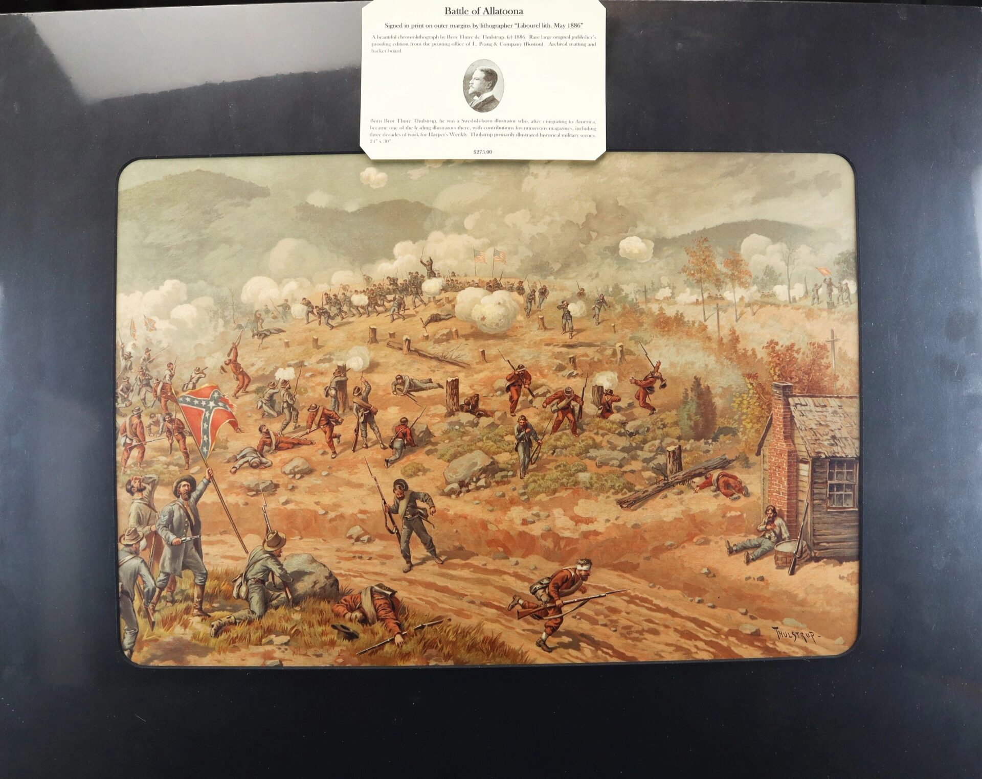 Battle of Allatoona by Bror Thure de Thulstrup depicts soldiers fighting on a hilly battlefield with smoke and a Confederate flag, while an informational card appears above the image.