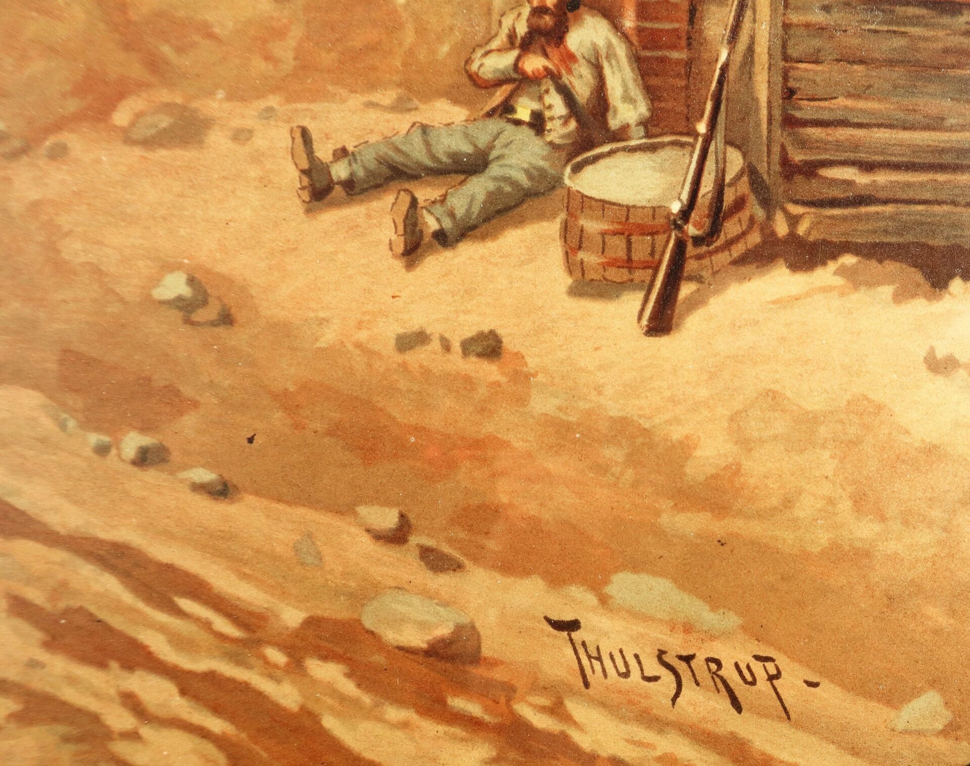 In "Battle of Allatoona" by Bror Thure de Thulstrup, a man slumps against a wooden structure near a well, his rifle on the dusty ground beside him, evoking an arid and somber atmosphere.