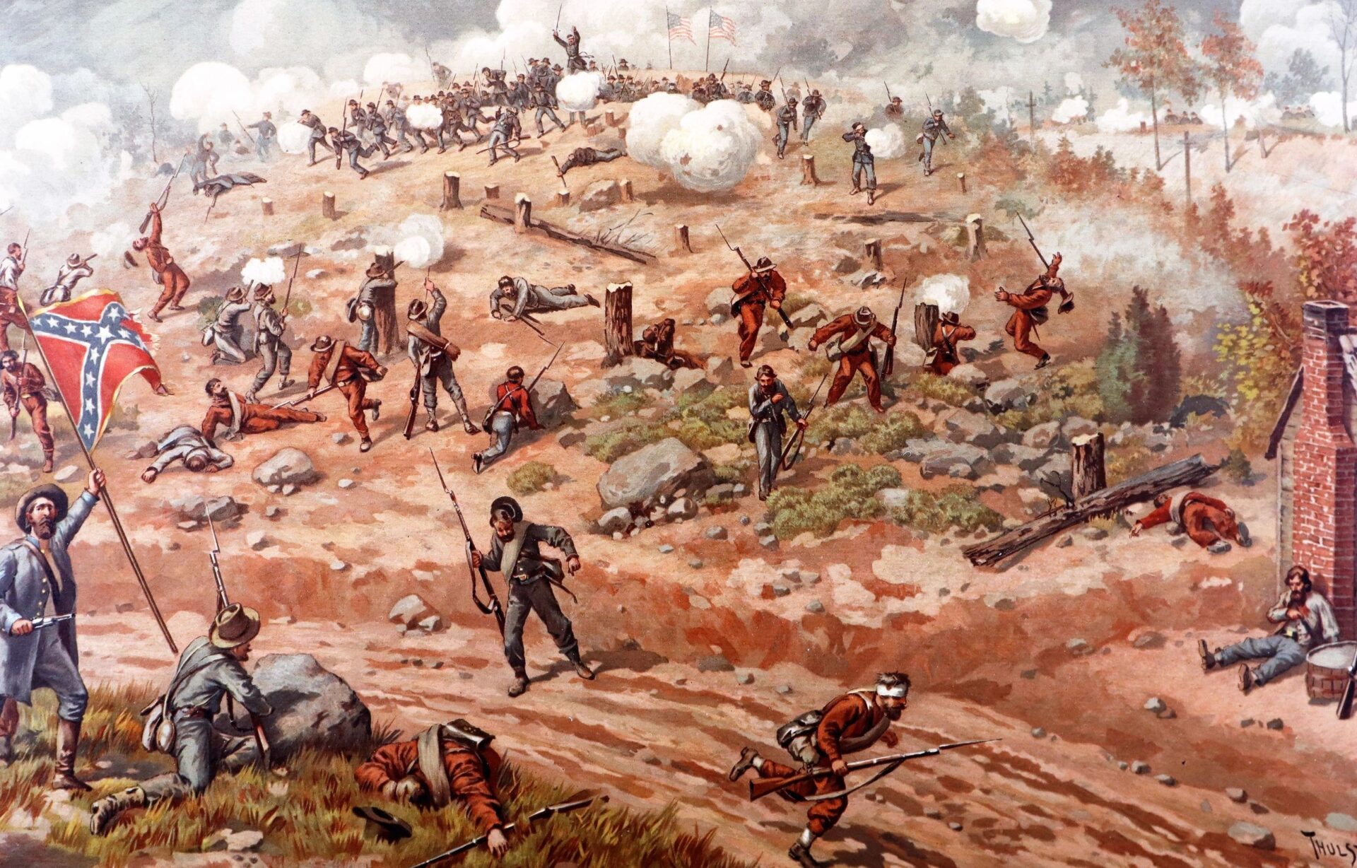 Battle of Allatoona by Bror Thure de Thulstrup depicts American Civil War soldiers clashing on a rocky hilltop amid smoke, wounded men, and both Union and Confederate flags.