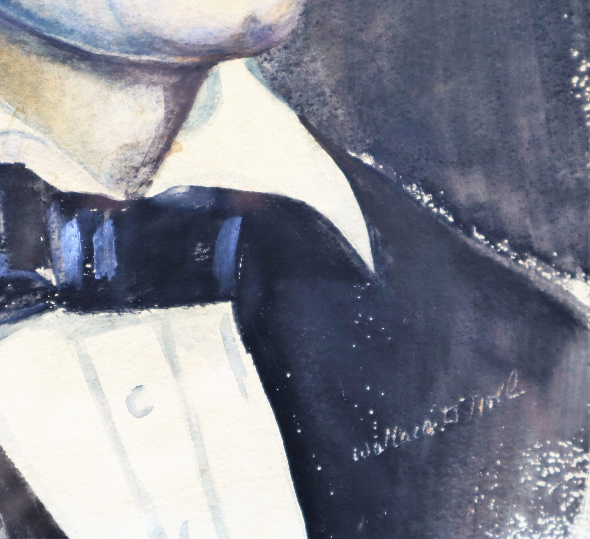 A watercolor painting titled “Beardless” Abraham Lincoln shows the lower face, neck, and upper torso of Lincoln in a black tuxedo jacket, white shirt, and black bow tie.