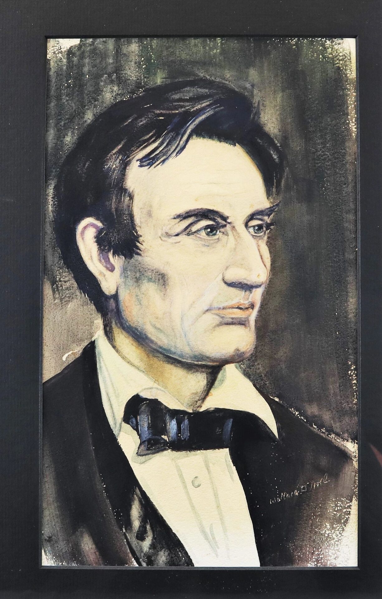 Watercolor portrait titled "Beardless” Abraham Lincoln depicts a man in formal attire with dark hair, bow tie, and white shirt against a dark background.