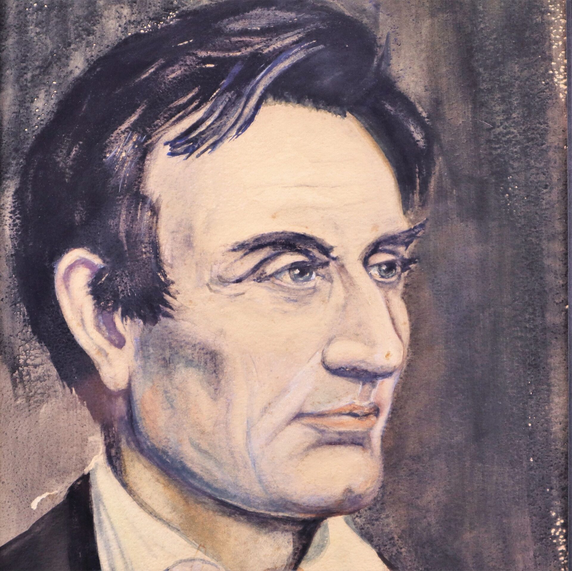 A watercolor painting titled "Beardless” Abraham Lincoln, depicting a serious Lincoln with dark hair, prominent cheekbones, in a white shirt and dark jacket against a muted background.