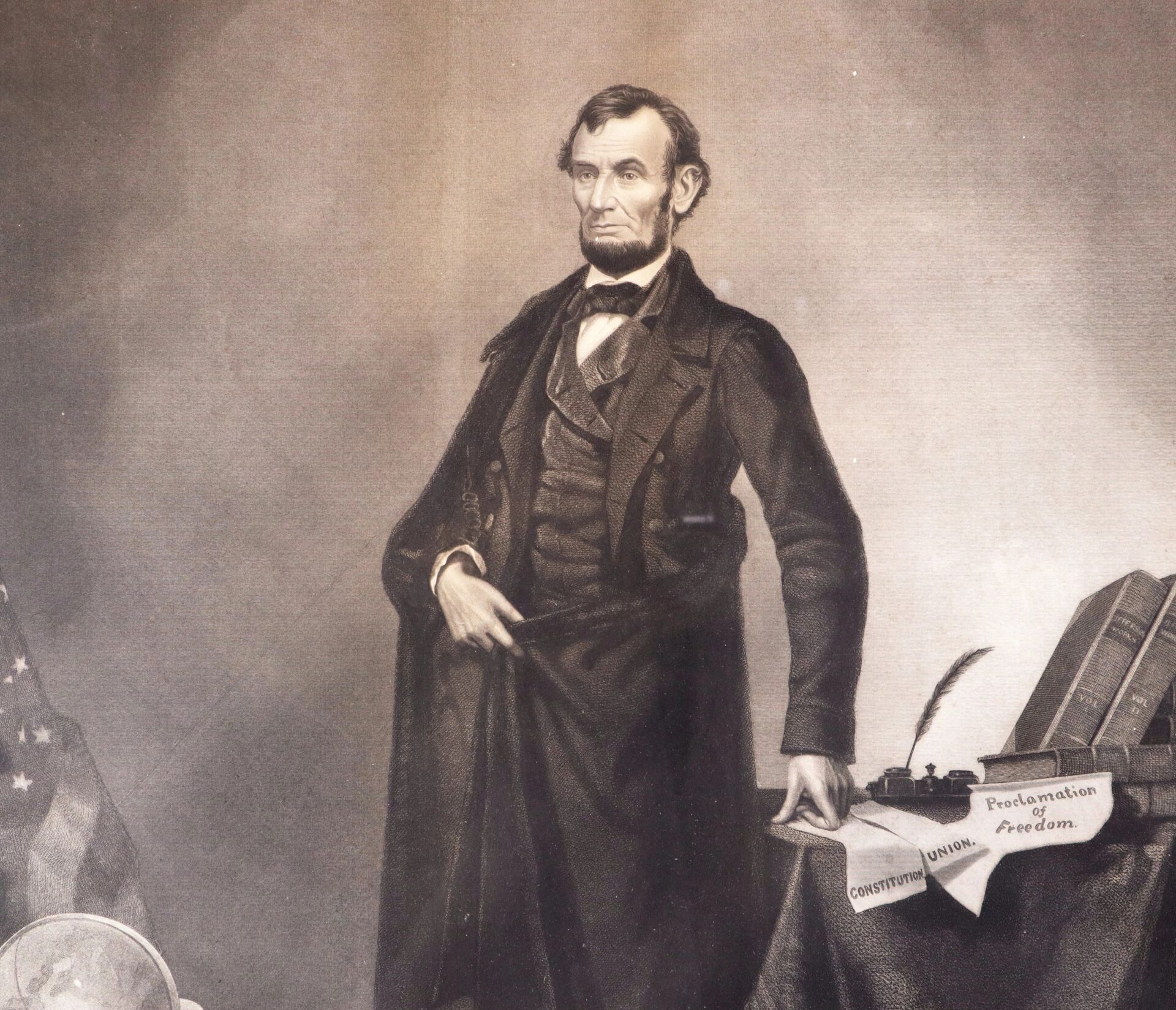 A portrait of Abraham Lincoln, titled "Abraham Lincoln / SOLD," shows him standing by a table with books, papers labeled "Constitution" and "Proclamation of Freedom," an inkwell, and a partially visible American flag.