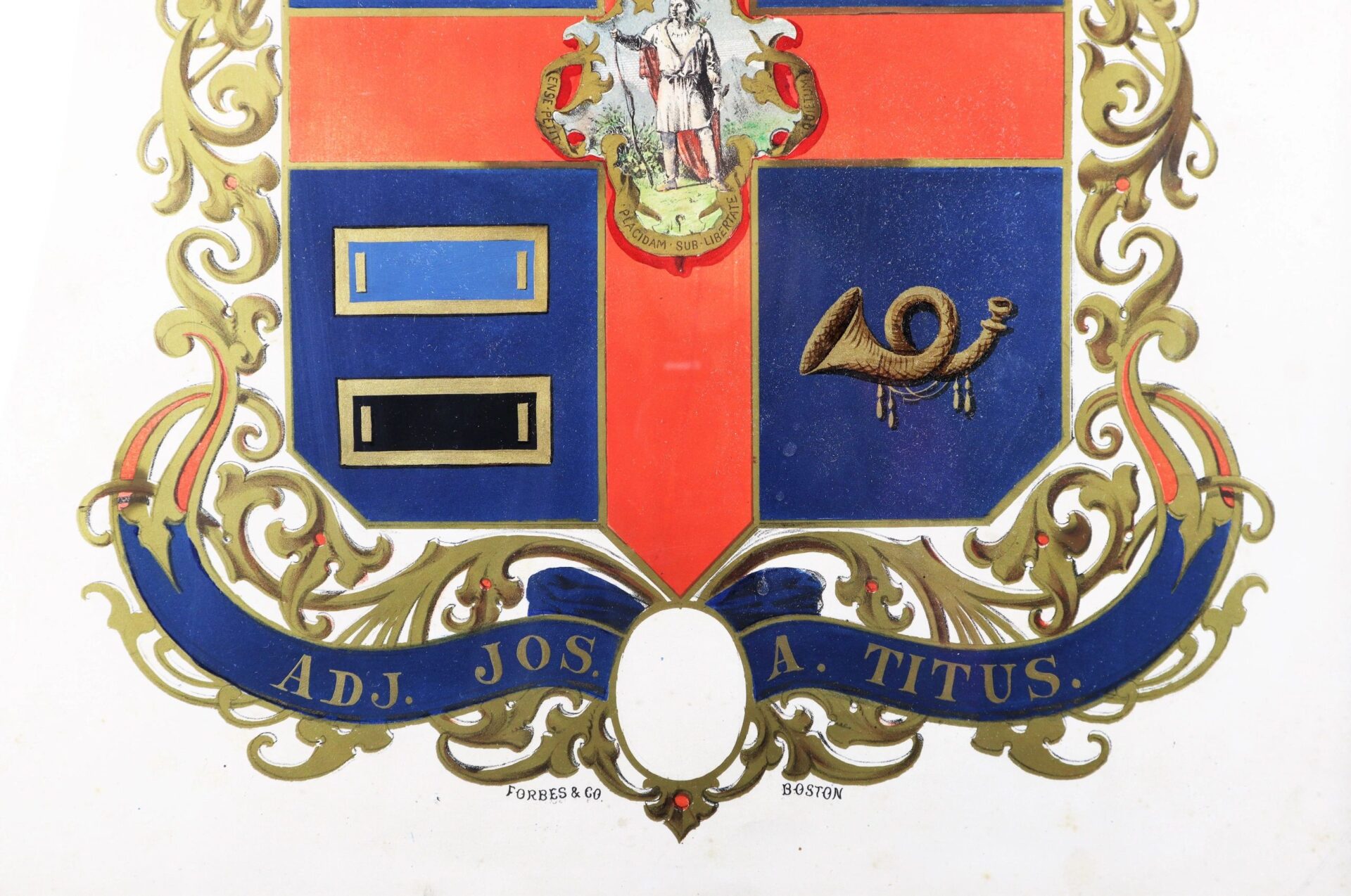A vibrant heraldic crest with gold accents features a horn, two rectangles, a figure above, and a blue ribbon inscribed "ADJ. JOS. A. TITUS." Product: Soldier's Escutcheon 42nd Mass and 60th Mass. Infantry.