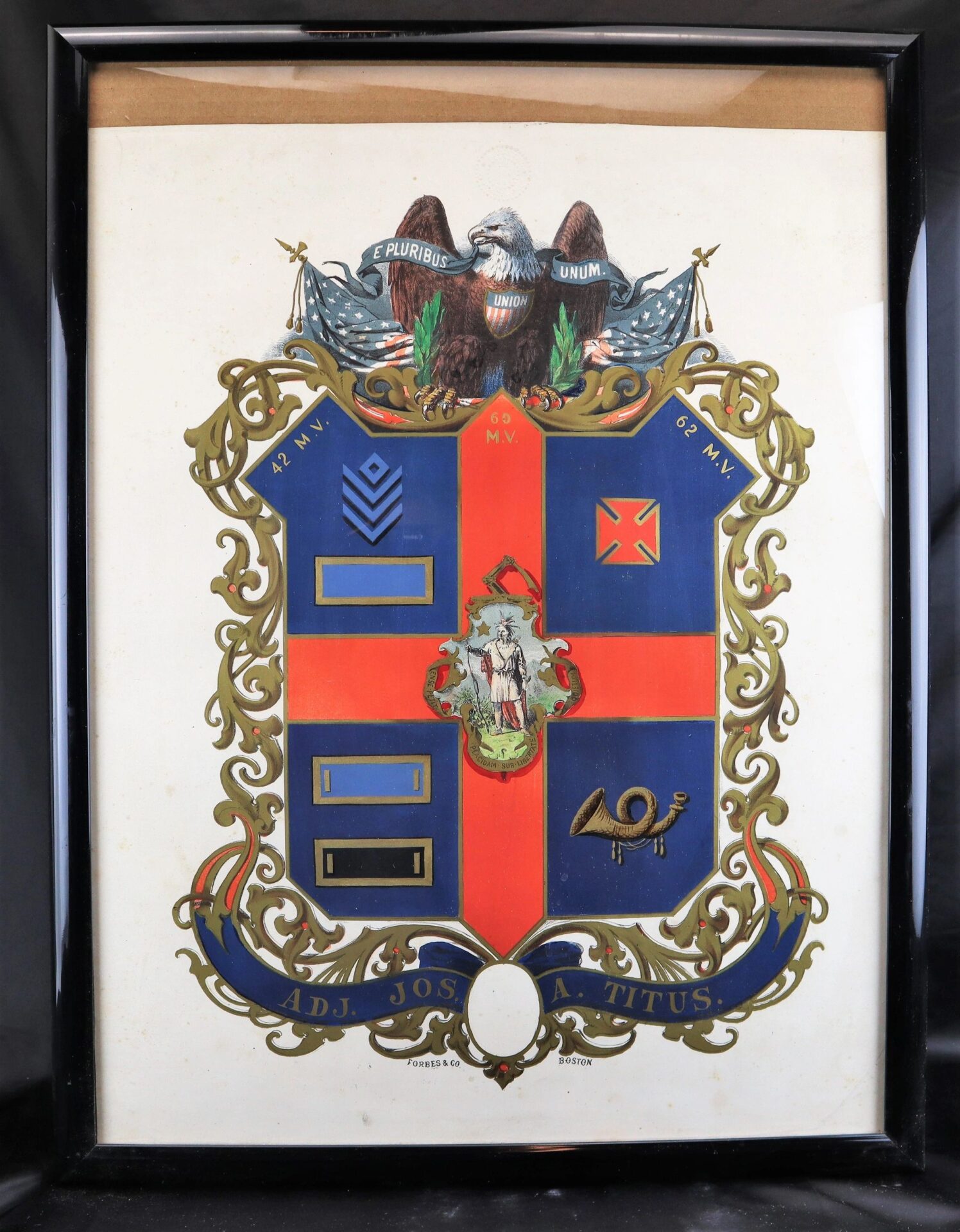 Framed Soldier's Escutcheon for the 42nd & 60th Mass. Infantry, featuring a red cross on blue shield, military insignias, an eagle with "E Pluribus Unum" banner, and a blank oval labeled "Adj. Jos. Titus.