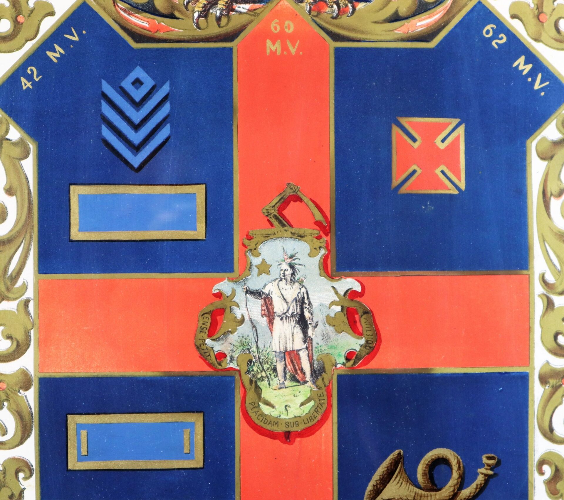 The Soldier's Escutcheon 42nd Mass and 60th Mass. Infantry displays a red cross on blue, with unique insignias in each quadrant and a centerpiece showing a figure in historical uniform.
